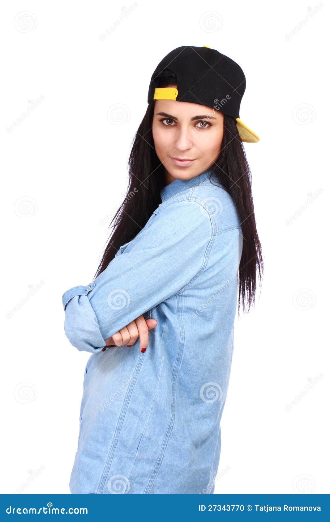 Young Woman in Jeans Shirt and Cap Posing Stock Photo Image of attractive, fashion 27343770
