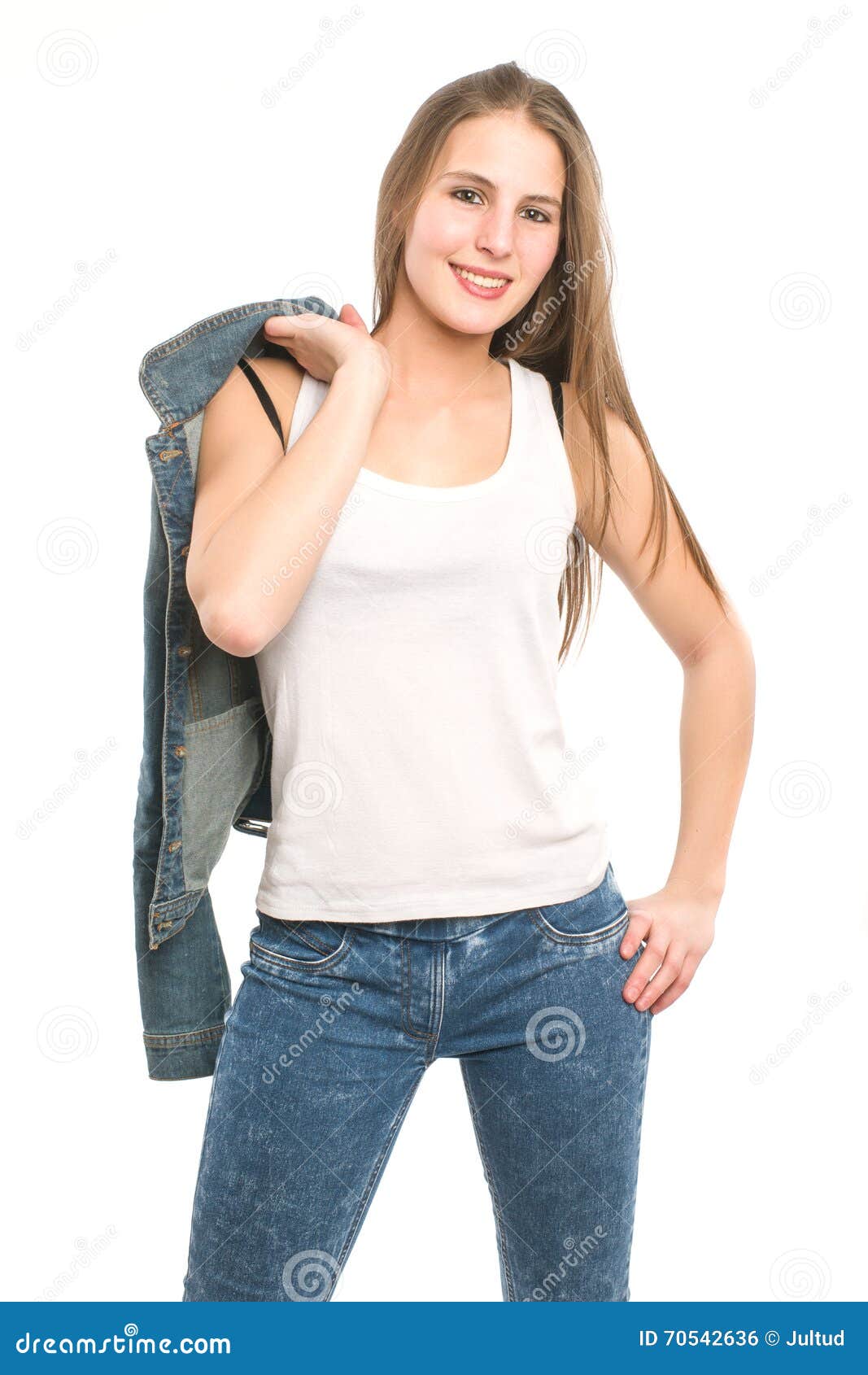 Young Woman In Jeans On White Stock Photo - Image of youth, tranquility ...
