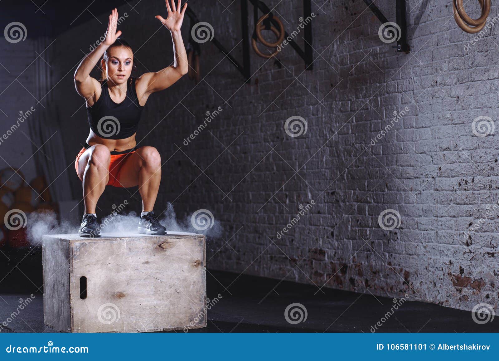 Woman Jumping Box. Fitness Woman Doing Box Jump Workout at Cross Fit Gym.  Stock Image - Image of active, dedication: 106581101