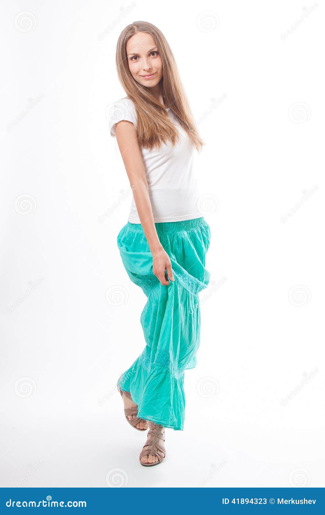 Young Woman in a Long Green Skirt Stock Image - Image of standing ...