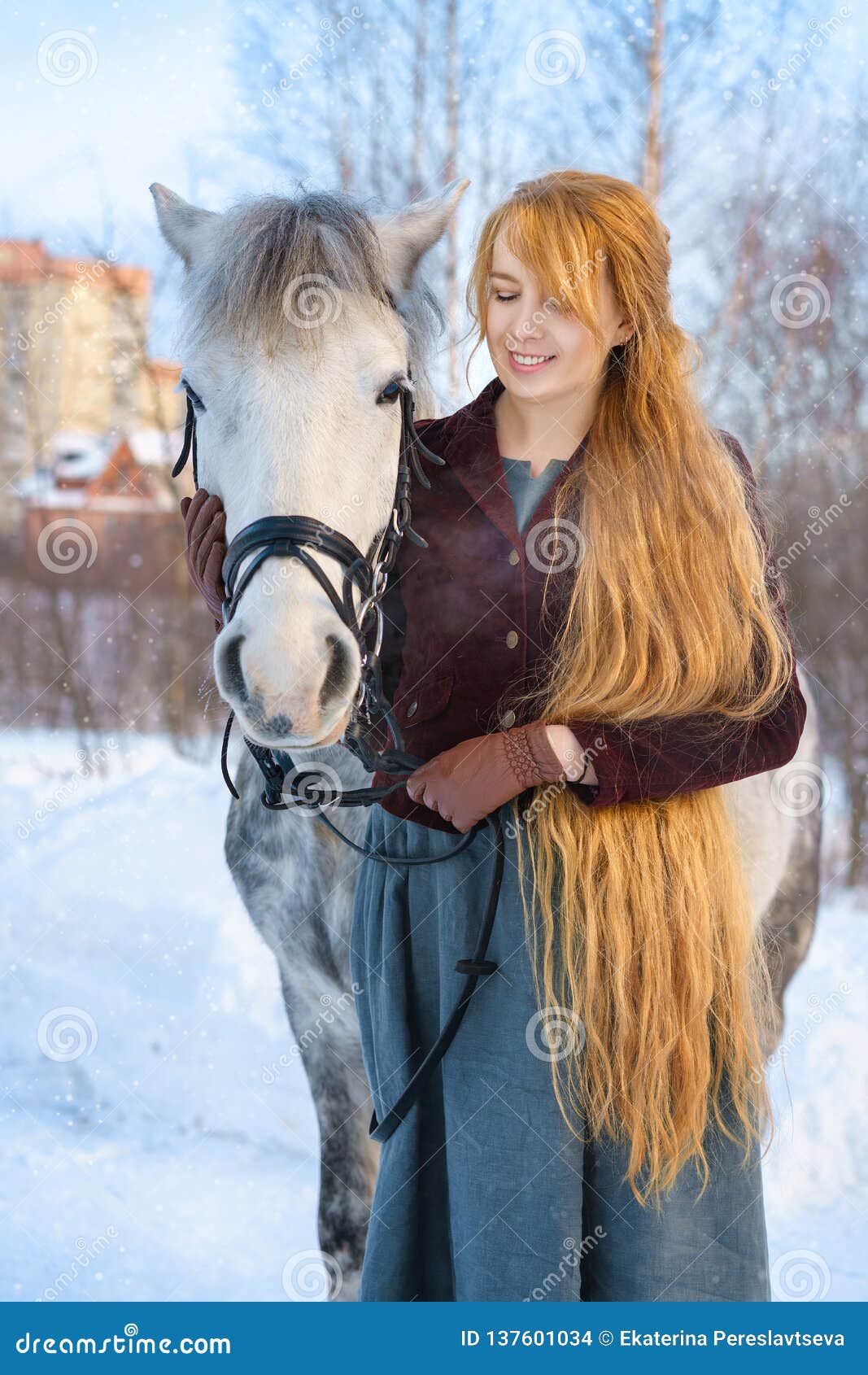 Young Woman with Long Hair with Horse in Winter Stock Photo - Image of  female, caucasian: 137601034