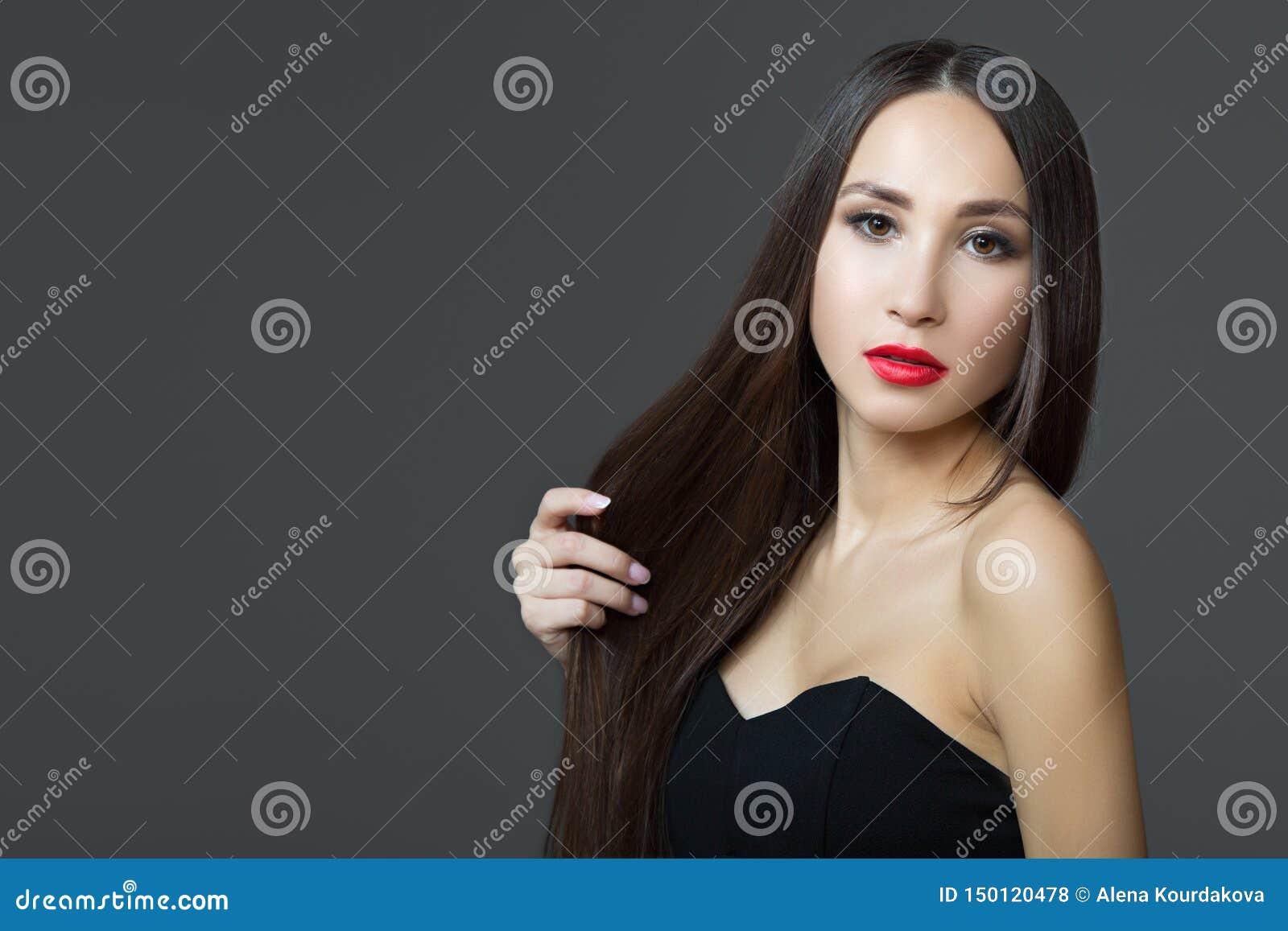 Young Woman With Long Straight Dark Hair Red Lipstick