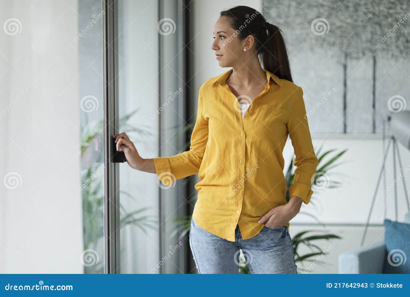 Young Woman Looking Outside the Window Stock Image - Image of relaxing ...