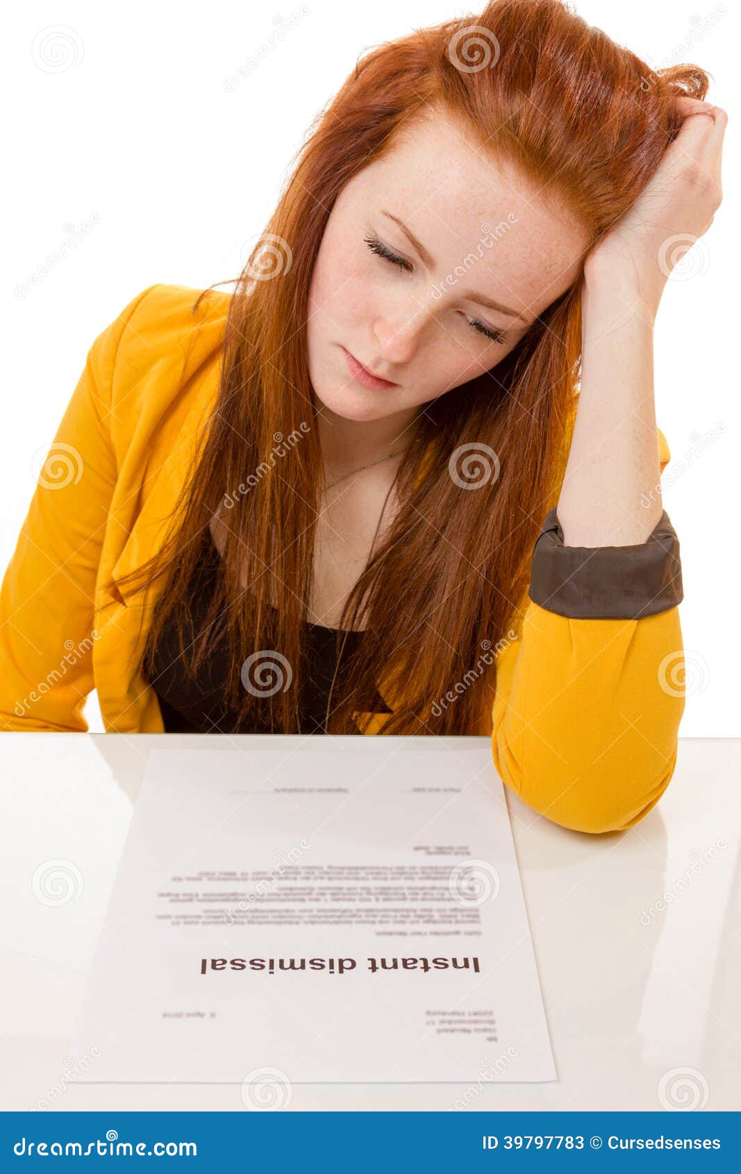 Young woman looking sad was fired from her job. 100 percent pure white background, teen girl is sad