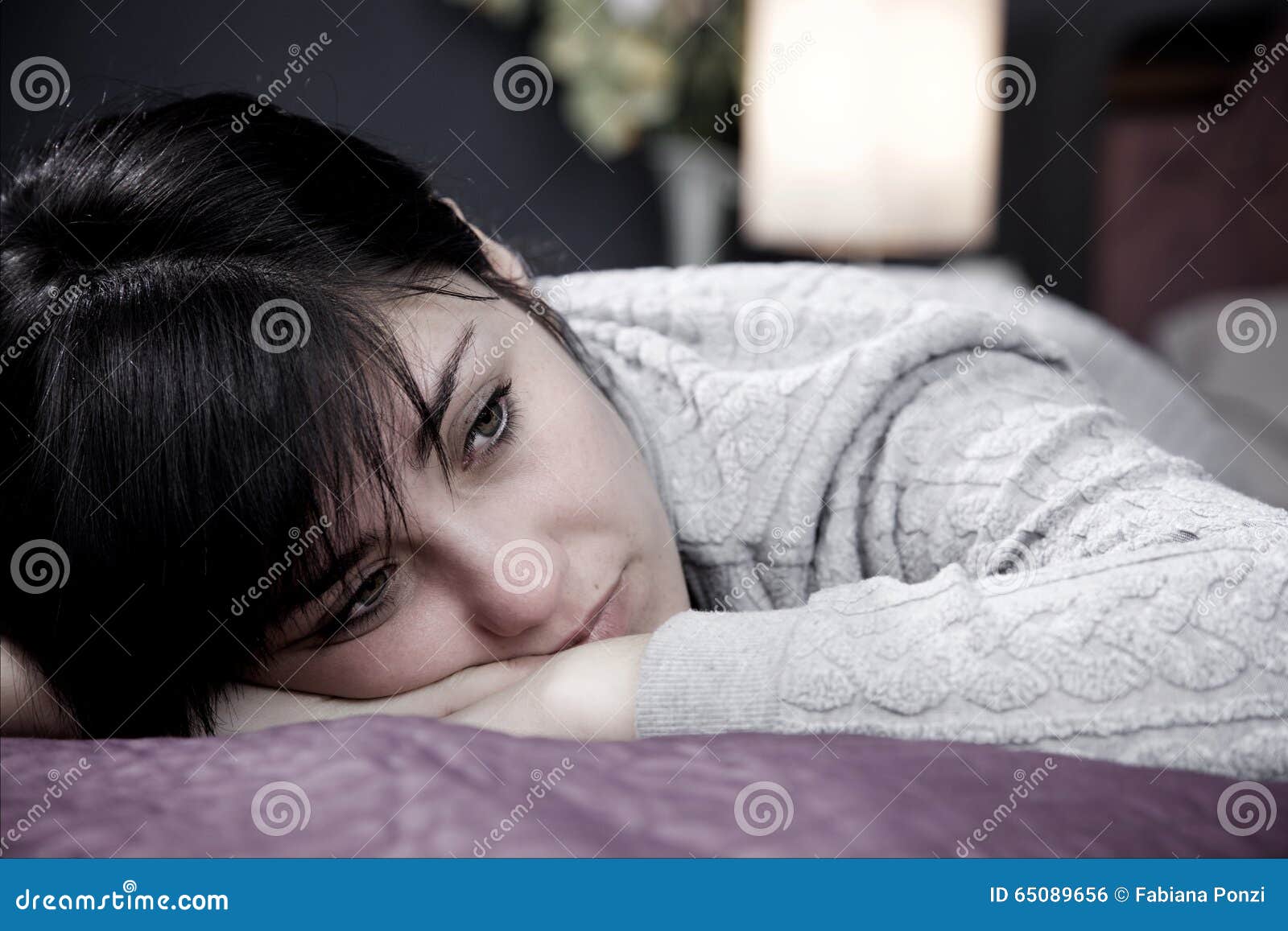 Young Woman Lying in Bed Thinking about Lost Love Unhappy Stock ...