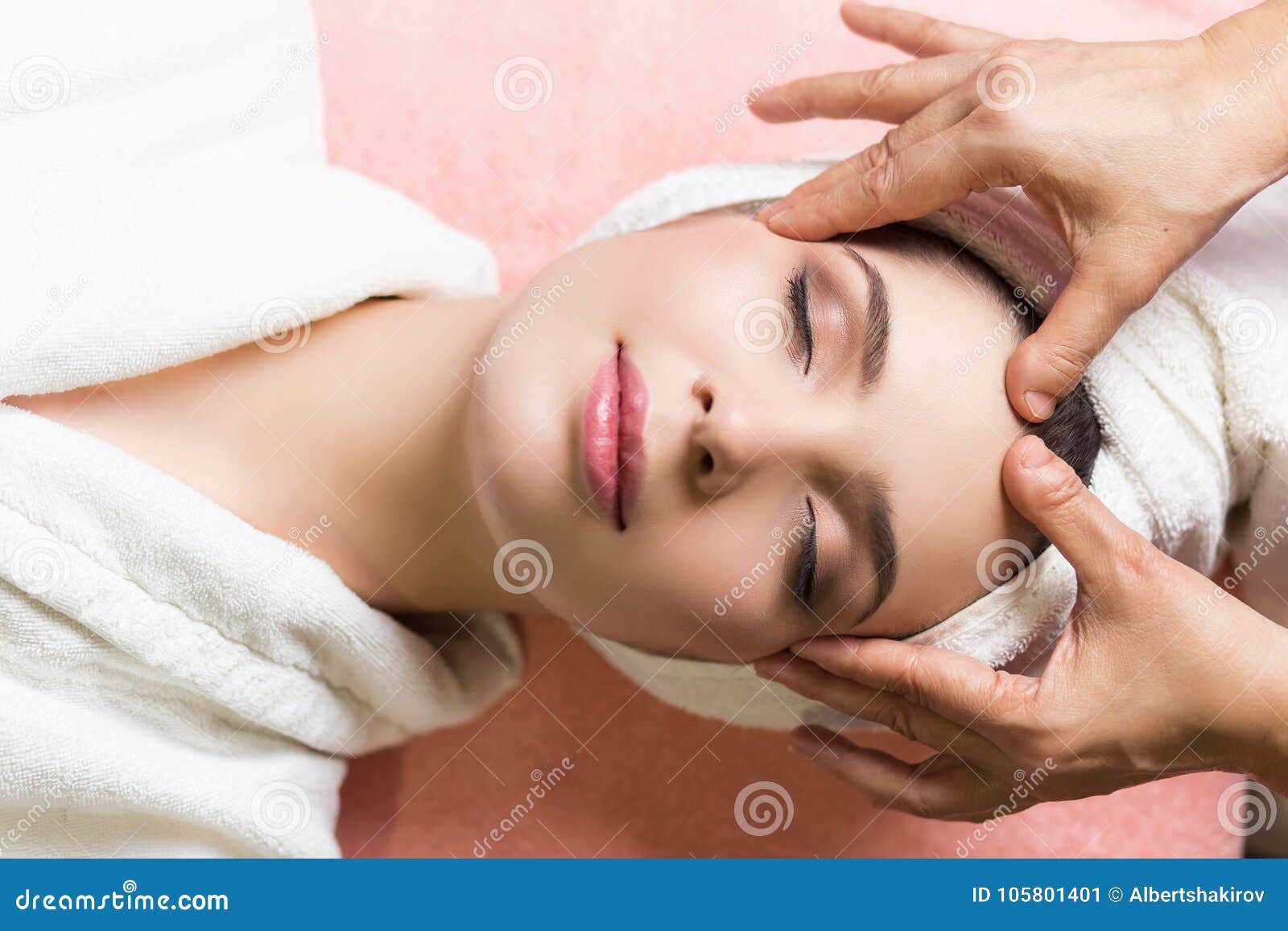 Woman Lying With Closed Eyes And Having Face Or Head Massage In Spa Stock Image Image Of 