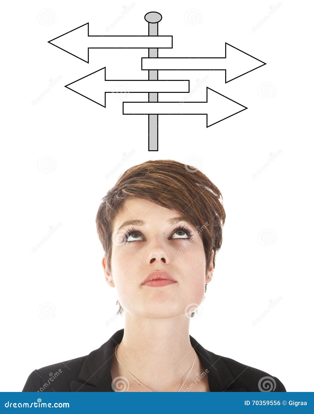 young woman making a choice with arrows 