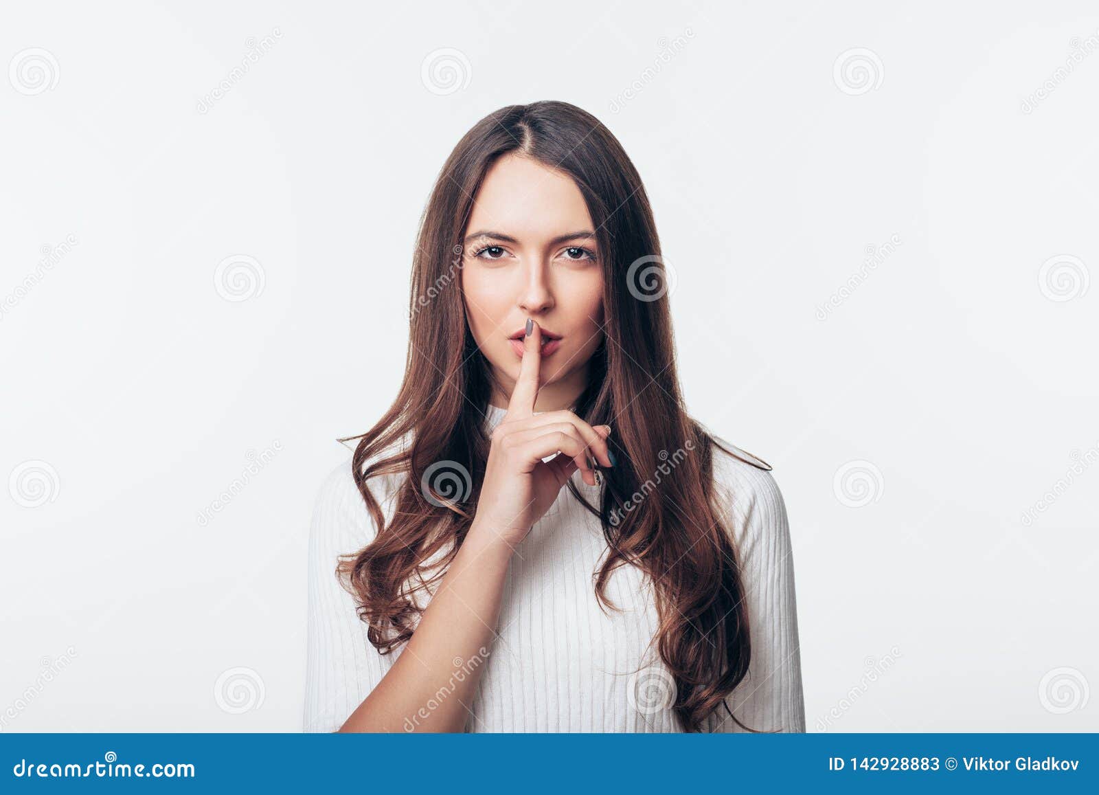 Young Woman Making Hush Gesture Isolated On White Background Stock