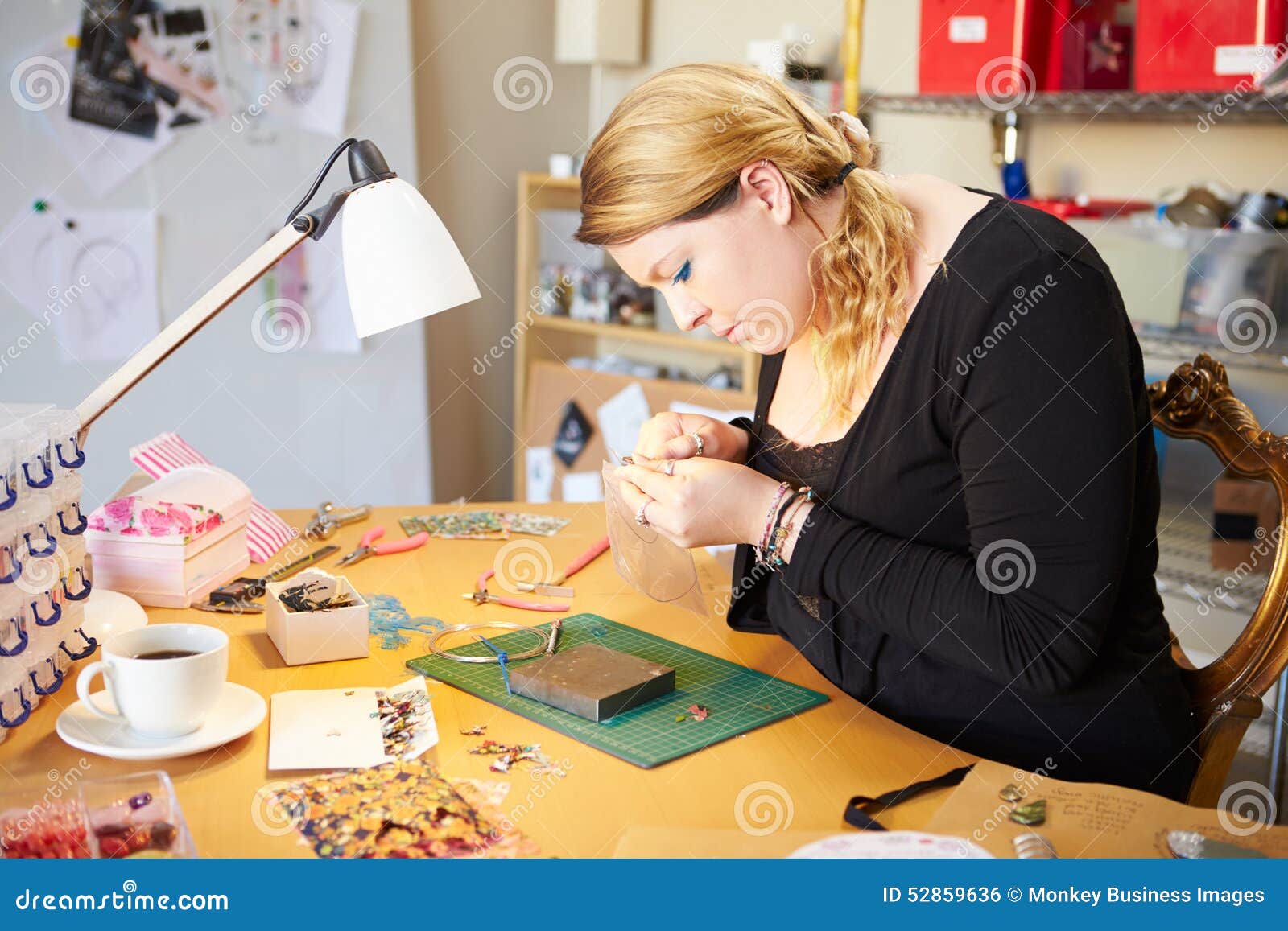 Young Woman Making Jewelry at Home Stock Photo Image of smiling