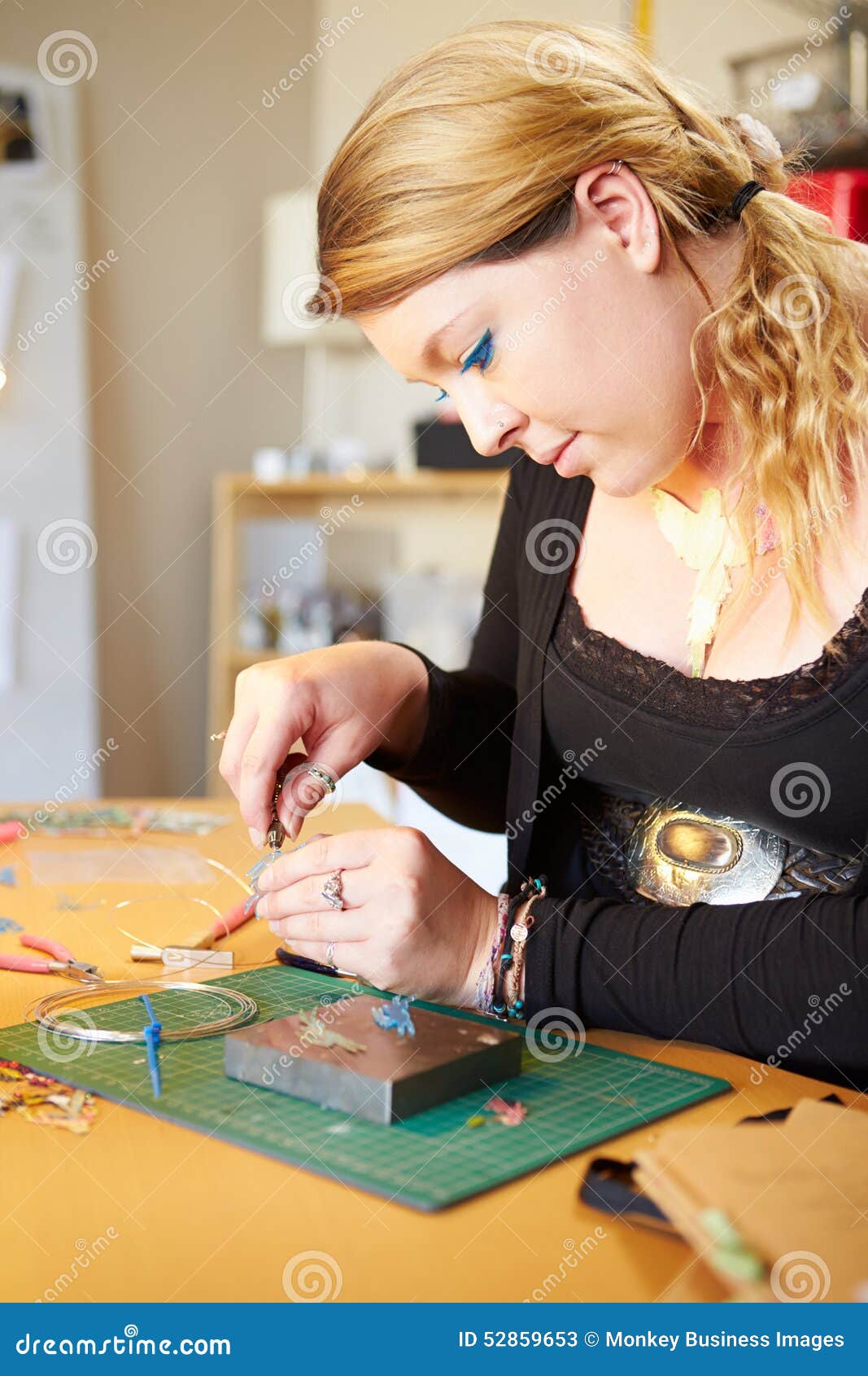 Young Woman Making Jewelry at Home Stock Image Image of working