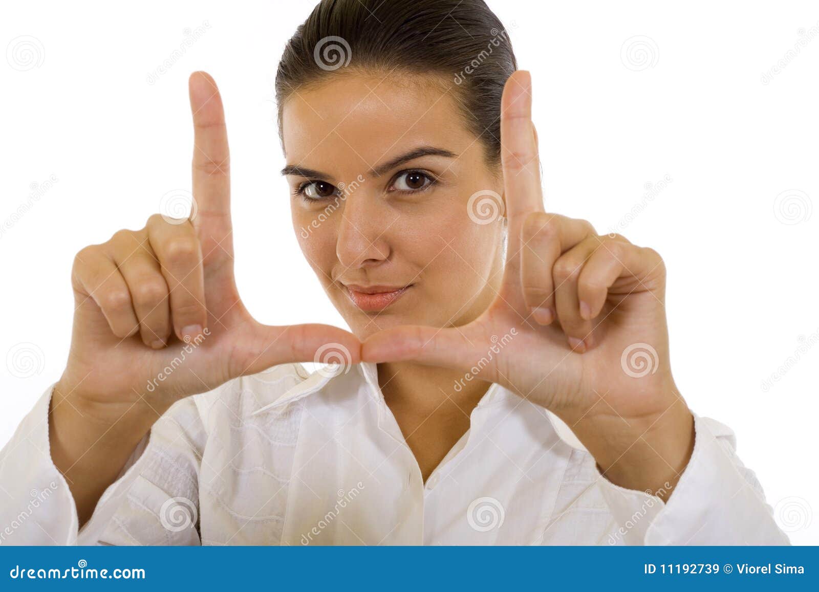 young woman making a snapshot sign