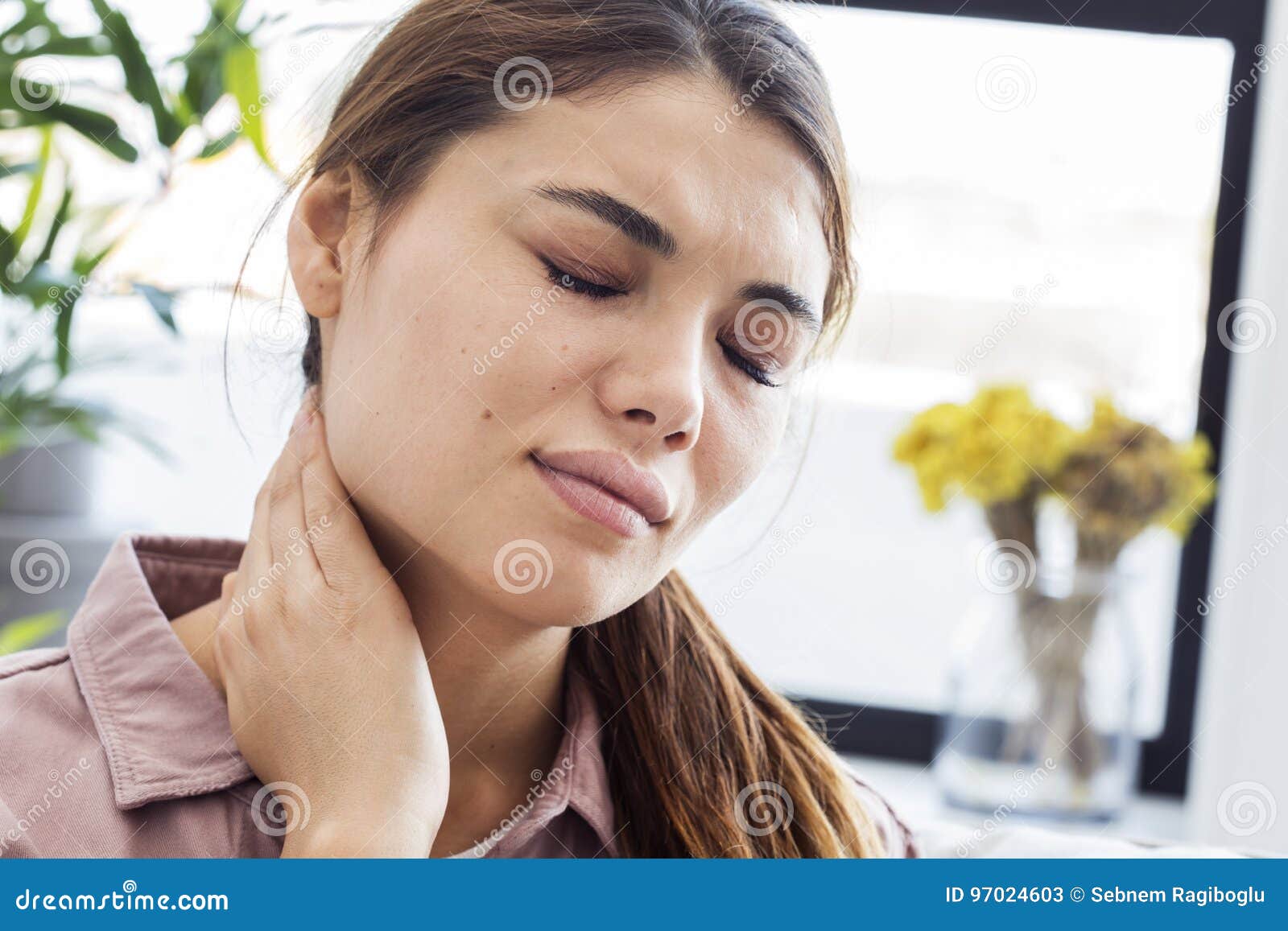 Young woman with neck pain stock image. Image of 97024603