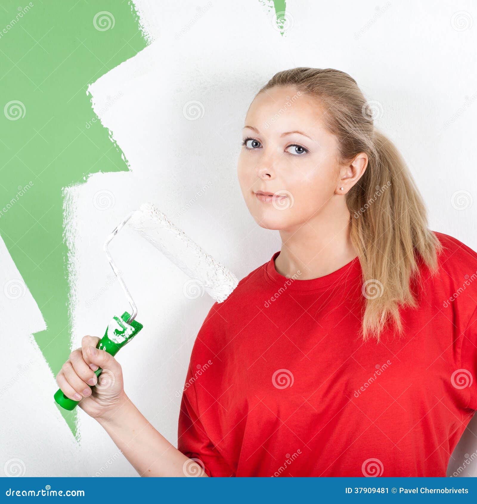 Young Woman with Paint Roller in Hand Stock Image Image of bright
