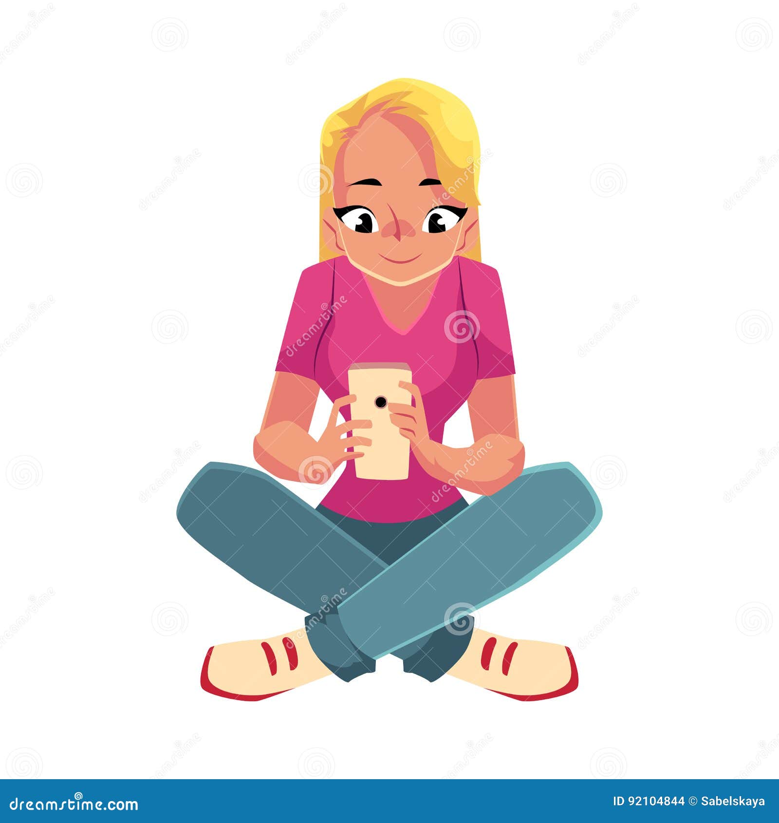 Young Woman Playing with Smartphone Mobile Phone, Sitting Legs Crossed ...
