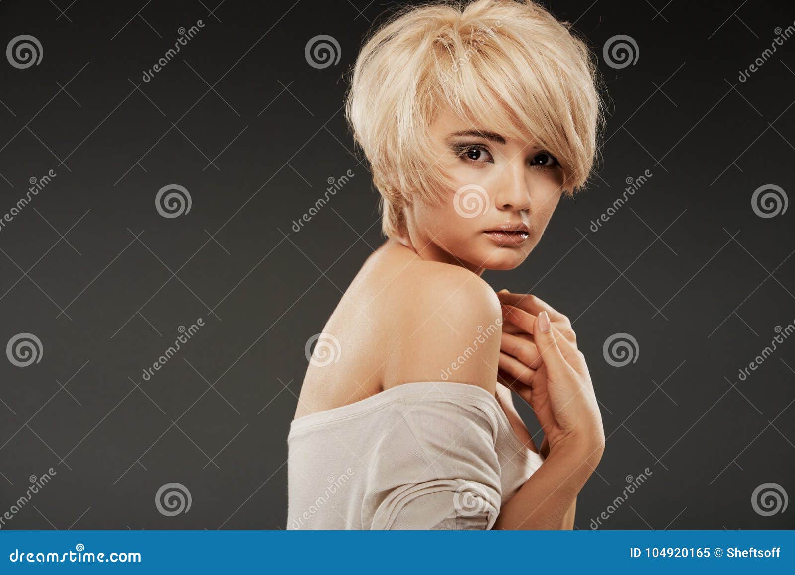 Beautiful Woman Face Of White Model With Short Blonde Hair Stock