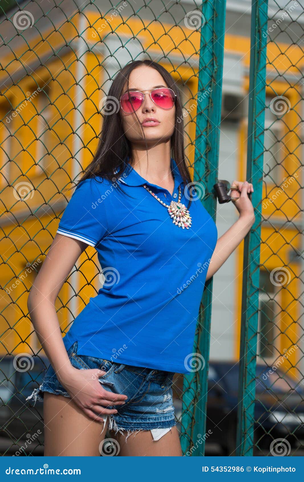 Young Woman Posing Outdoor Over Fence Mesh Stock Photo Image Of