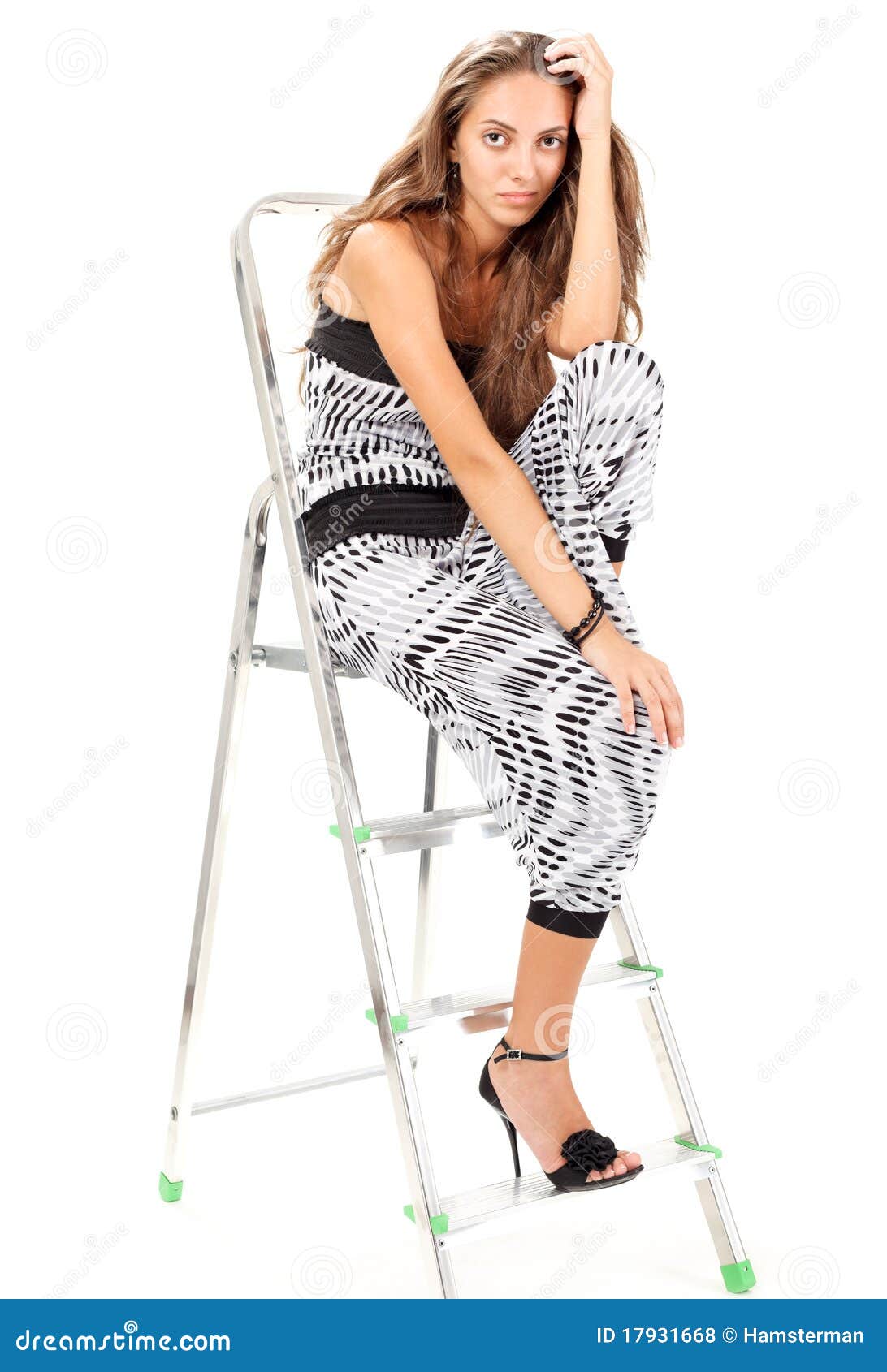 Young Woman Posing with Stepladder on White Stock Photo Image of