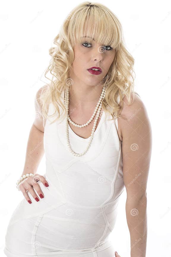 Young Woman Posing In White Short Tight Mini Dress Stock Image Image