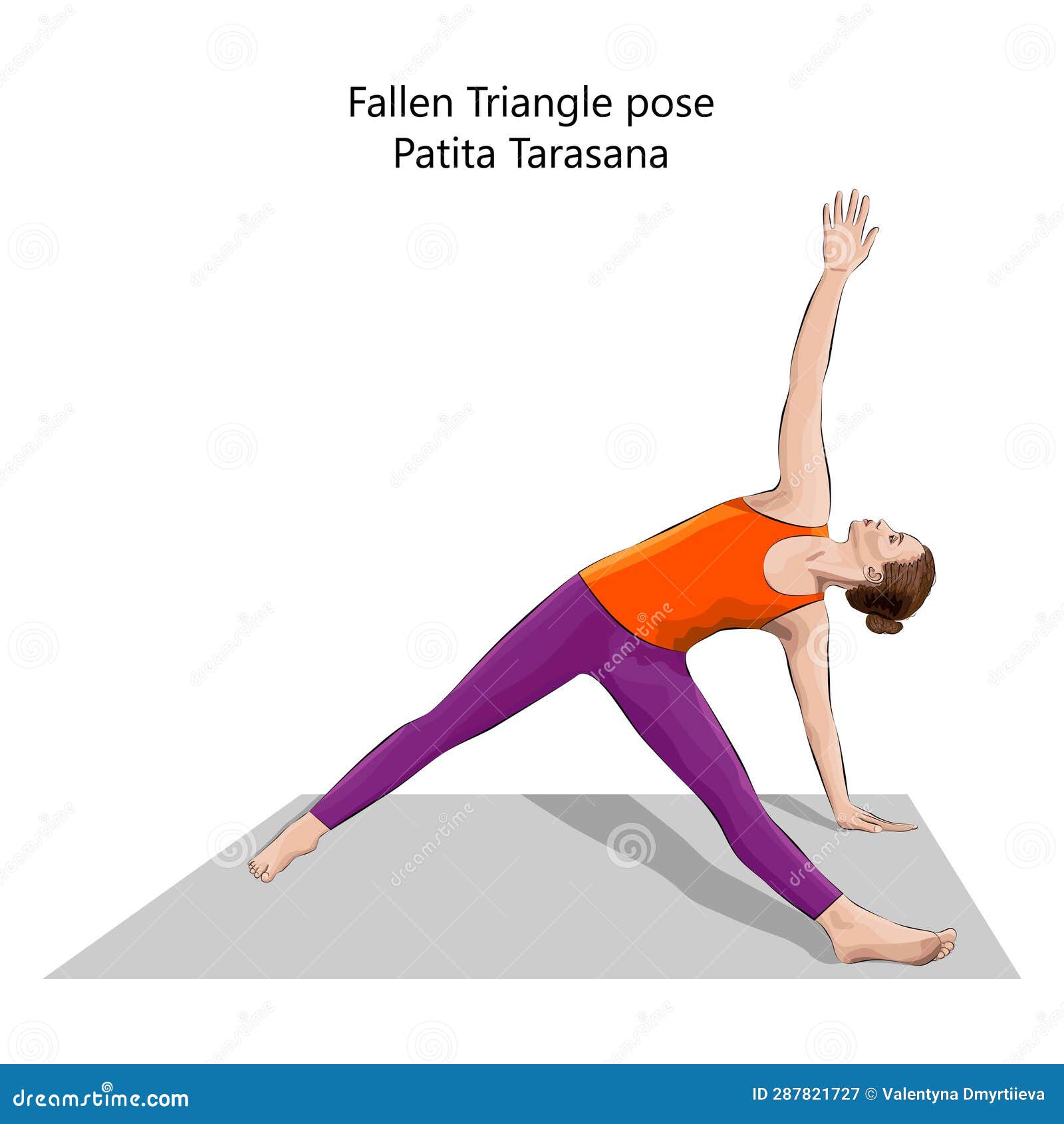 young woman practicing yoga exercise doing fallen triangle pose fallen star pose patita tarasana arm leg support backbend 287821727