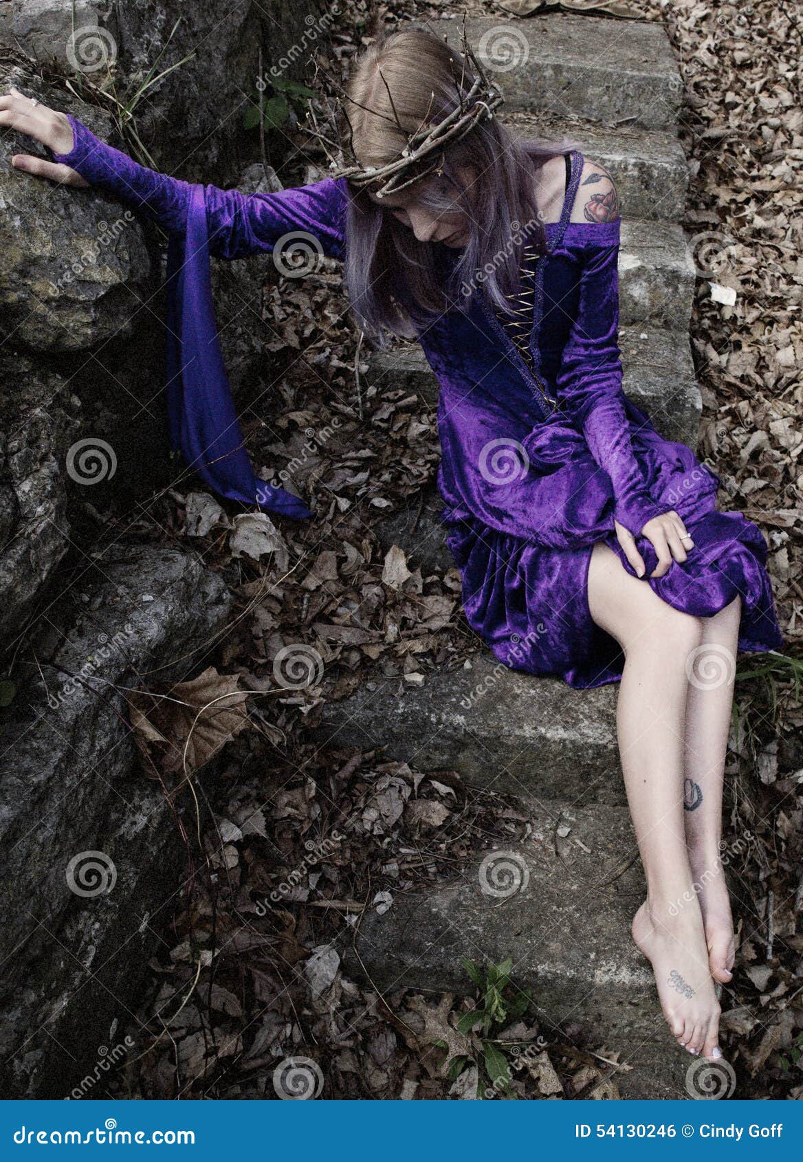 https://thumbs.dreamstime.com/z/young-woman-purple-velvet-gown-twig-crown-sitting-stone-stairs-wall-beautiful-wearing-medieval-dress-made-54130246.jpg