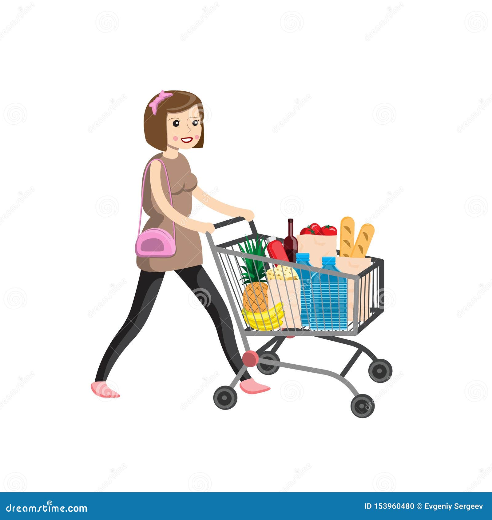 Young Woman Pushing Supermarket Shopping Cart Full of Groceries. Flat ...