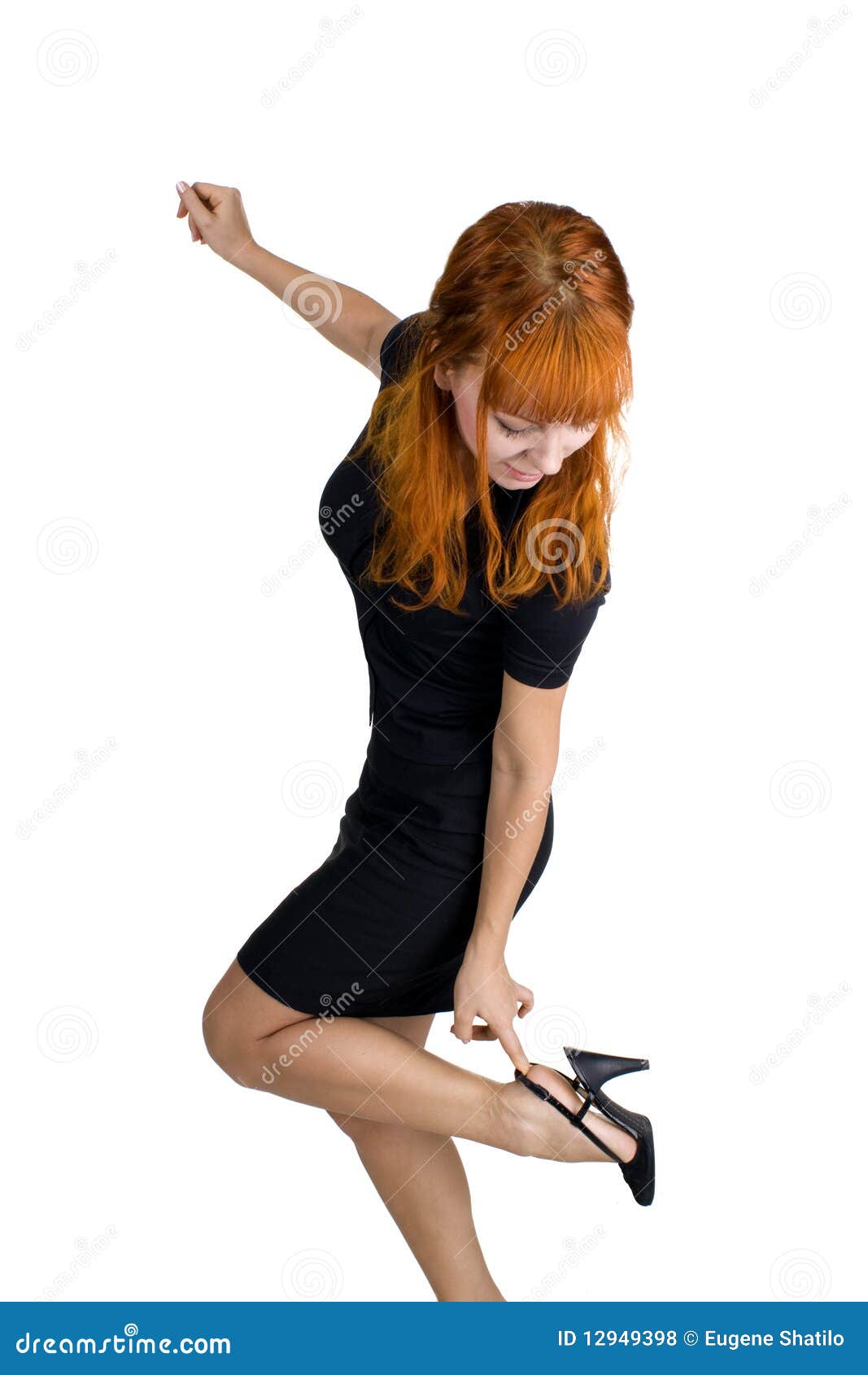 Young Woman Putting A Shoe On Stock Photo Image of choice, traveling
