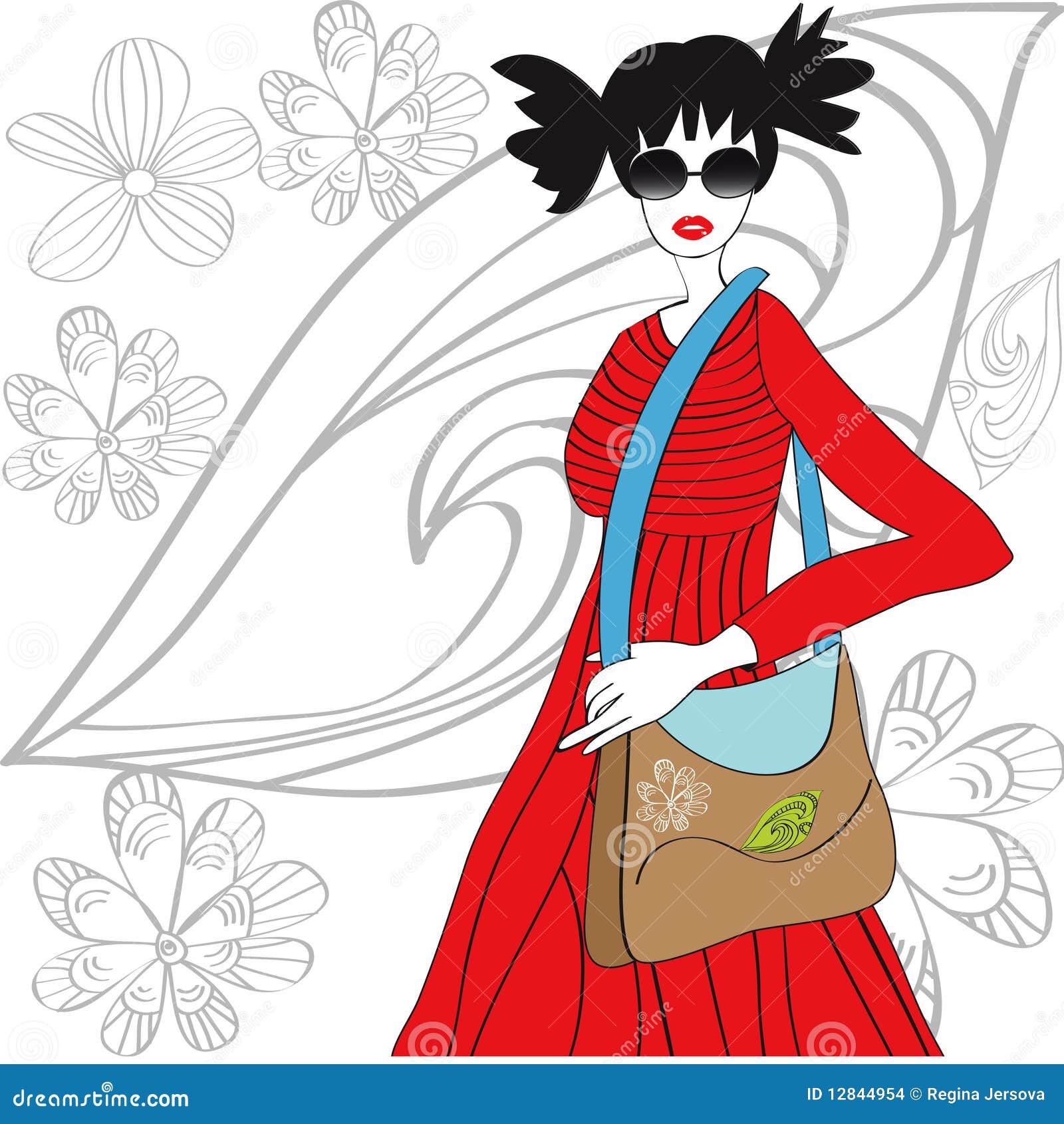 Young Woman in Red Dress with Bag Stock Vector Illustration of