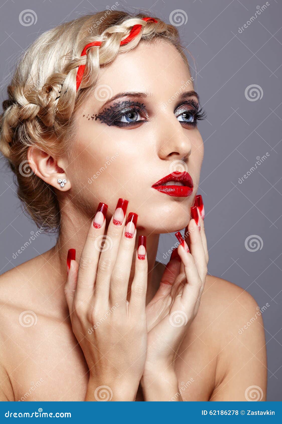 Young woman with red nails stock photo. Image of hair - 62186278