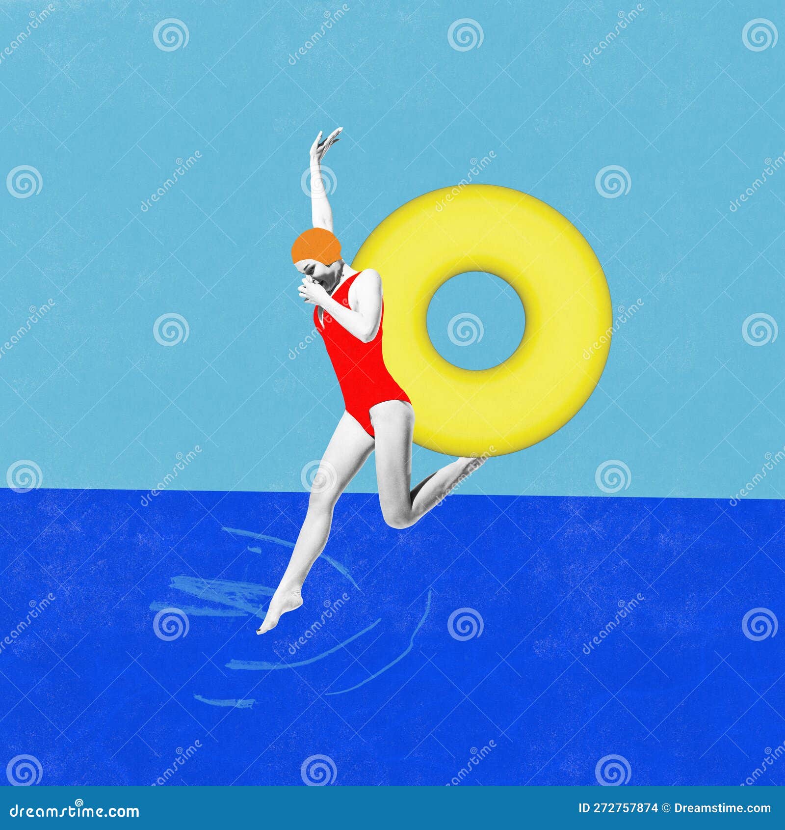 Young Woman in Red Swimming Suit and Cap Jumping into Sea with Swimming ...