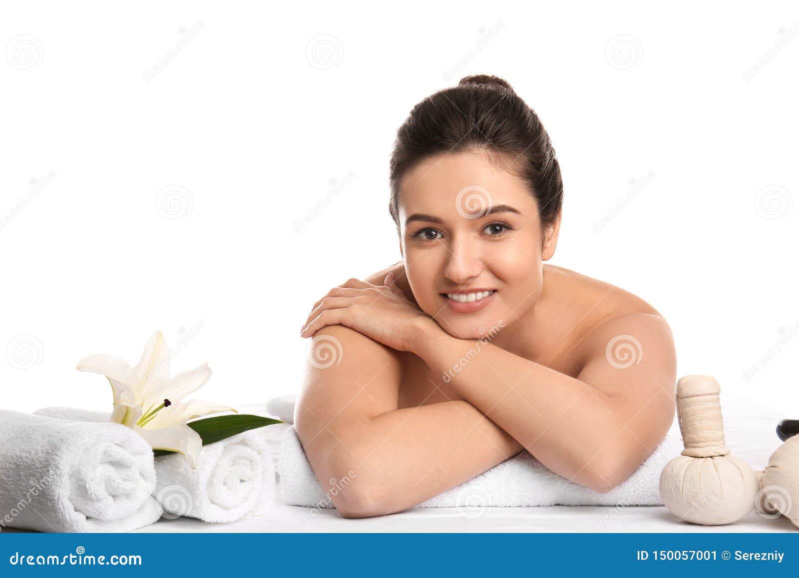 Young Woman Relaxing On Massage Table Against White Background Spa Procedures Stock Image