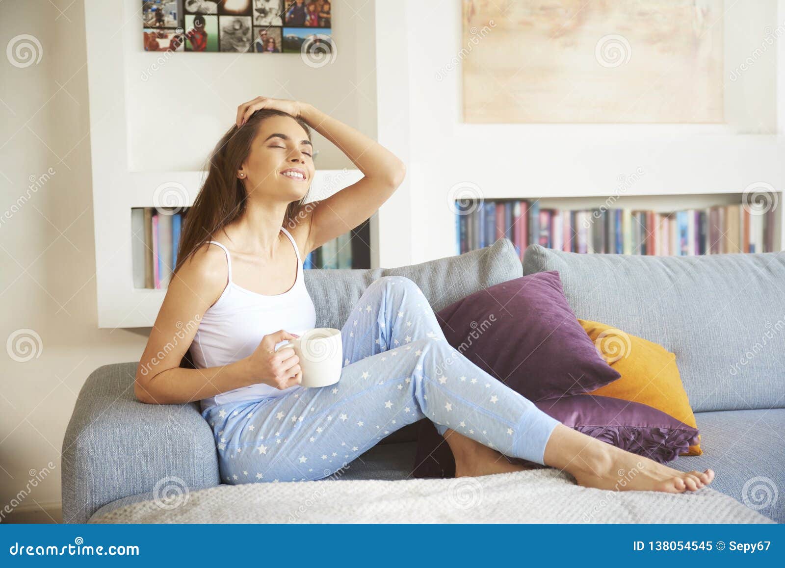 Young Woman Relaxing On Sofa Early Morning Stock Image Image Of Adult