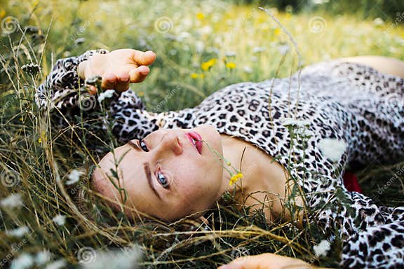 Summer Lifestyle Portrait Middle Aged Woman Lying On The Grass Outdoor