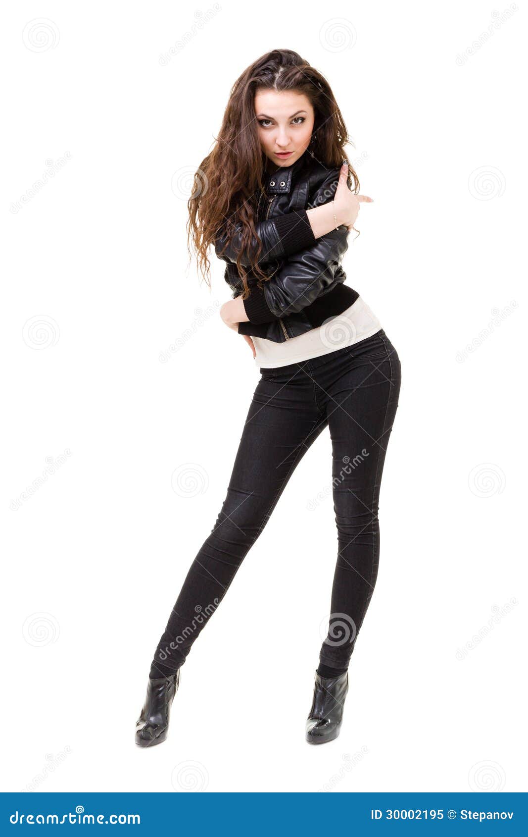 Young Woman in a Black Leather Jacket and Jeans Stock Image - Image of ...