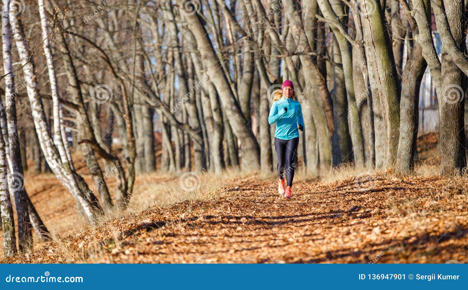 Young Woman Running in Autumn Park at Sunny Day Stock Image - Image of ...