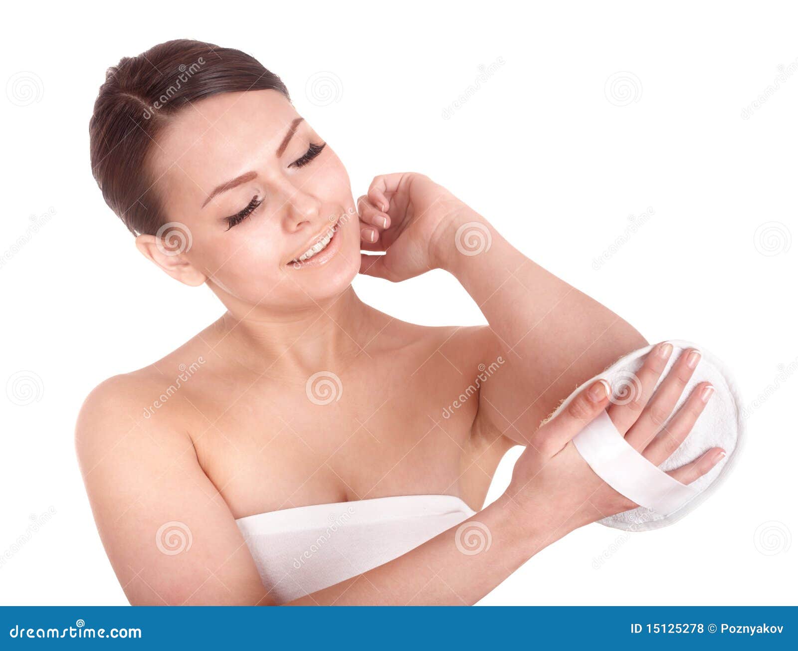young woman scrubbing body.