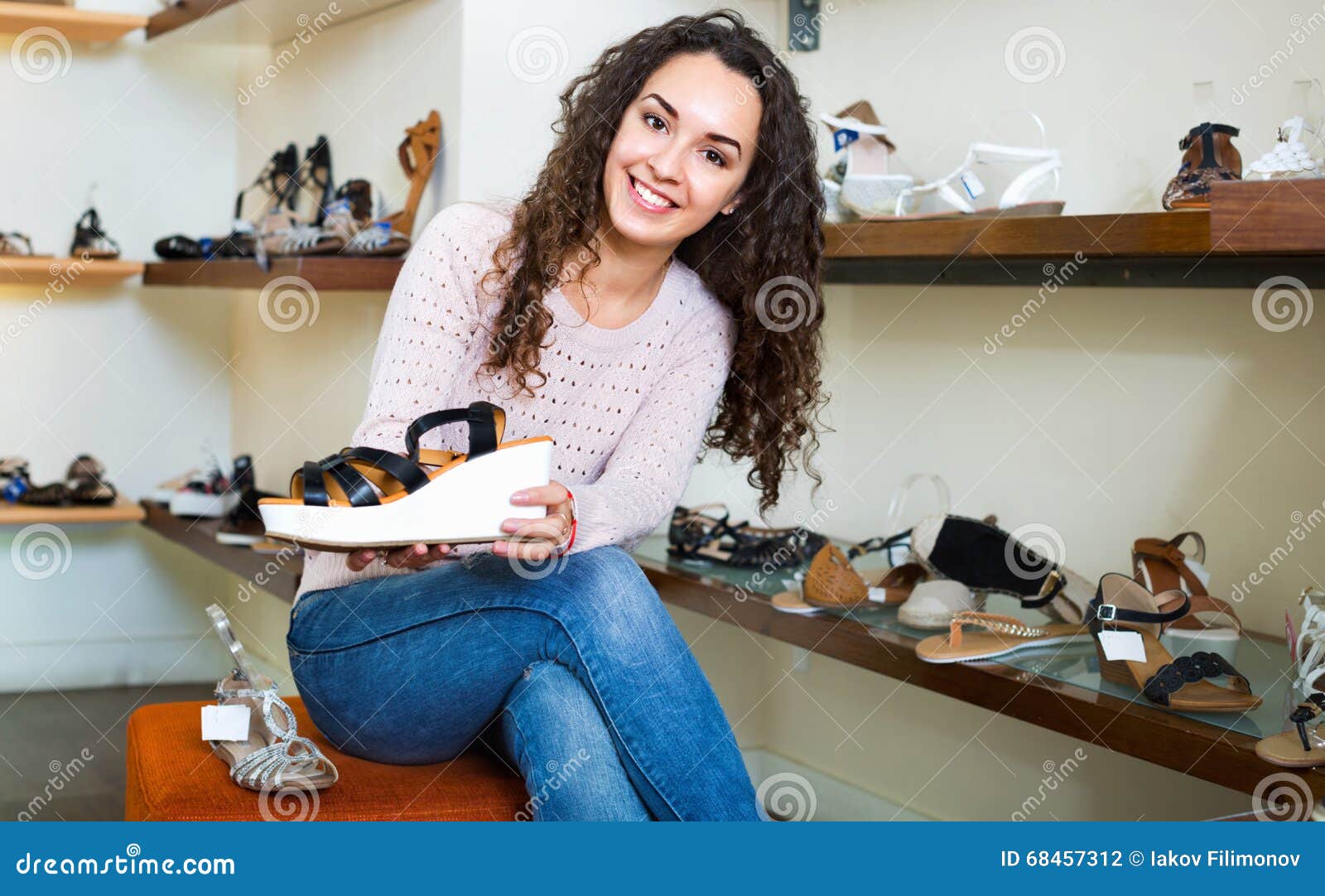 Young Woman Shopping at Fashion Shoe Store Stock Photo - Image of high ...