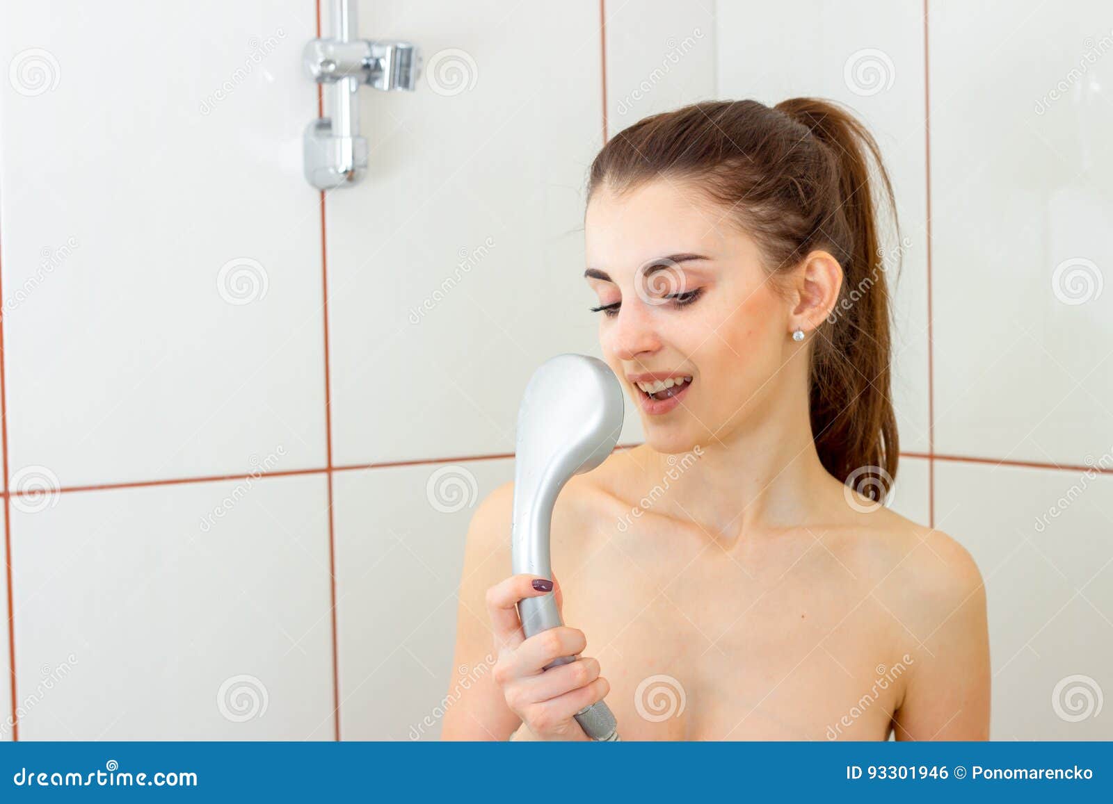 Young Woman in the Shower Singing into the Mixer Stock Photo Image of