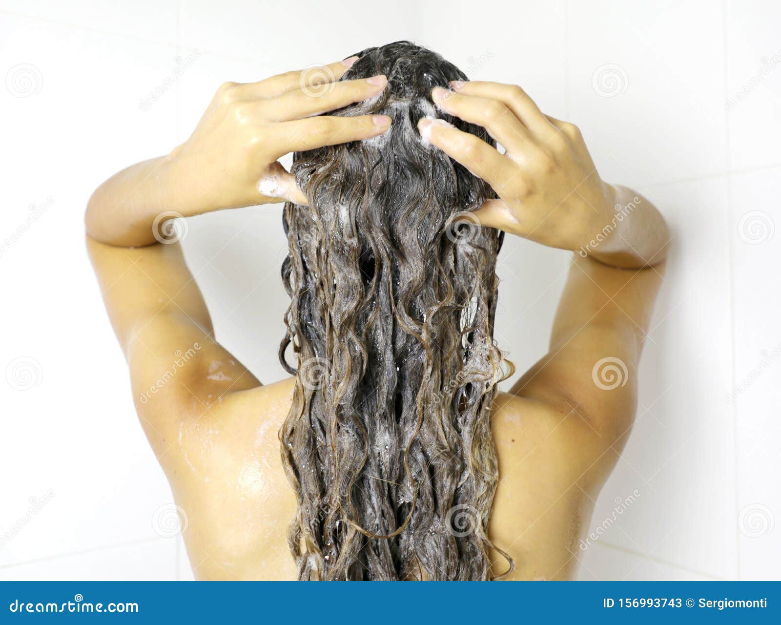 Young Woman In Shower Washing Hair With Shampoo Beautiful Woman Showering Washing Long Hair