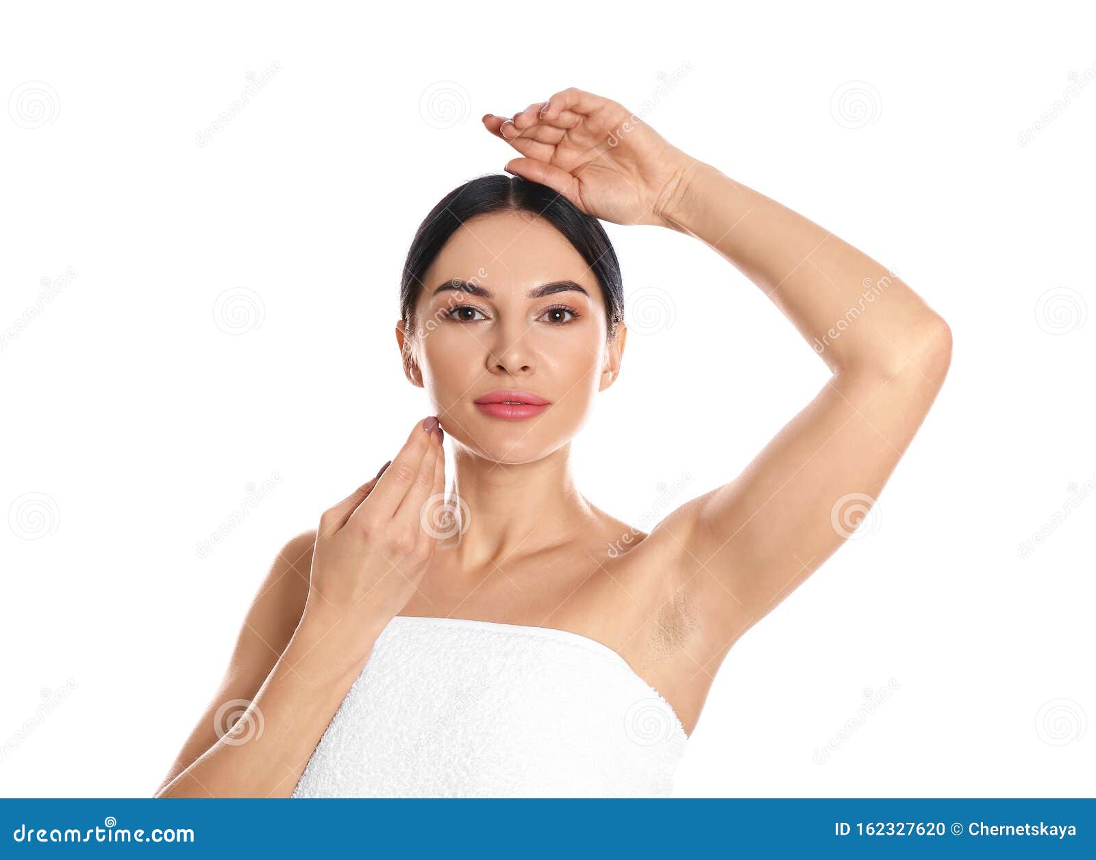 young woman showing hairy armpit on white. epilation procedure
