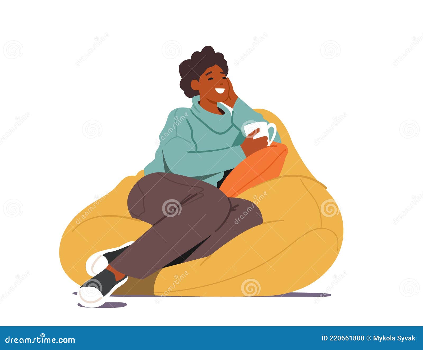 young woman sit on bean bag with cup of tea or coffee in hand at home. female character visiting friend, having leisure