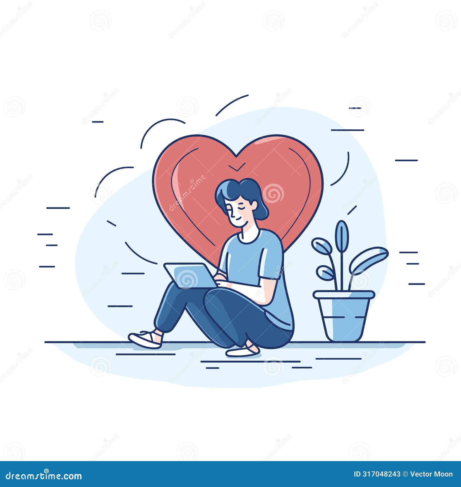 young woman sits comfortably using laptop, large heart background, suggesting love digital work