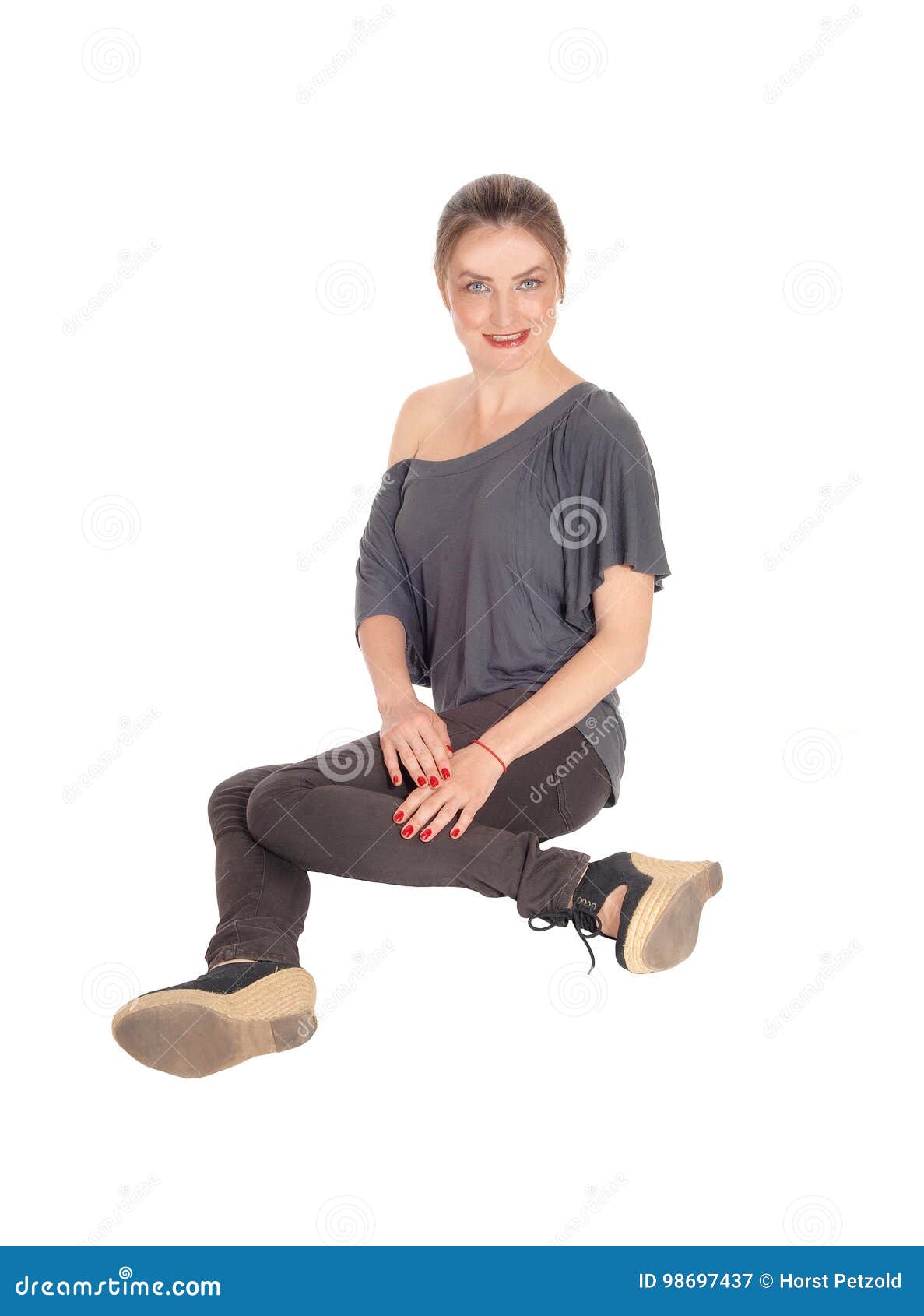 Young Woman Sitting on Floor and Smiling Stock Image - Image of ...