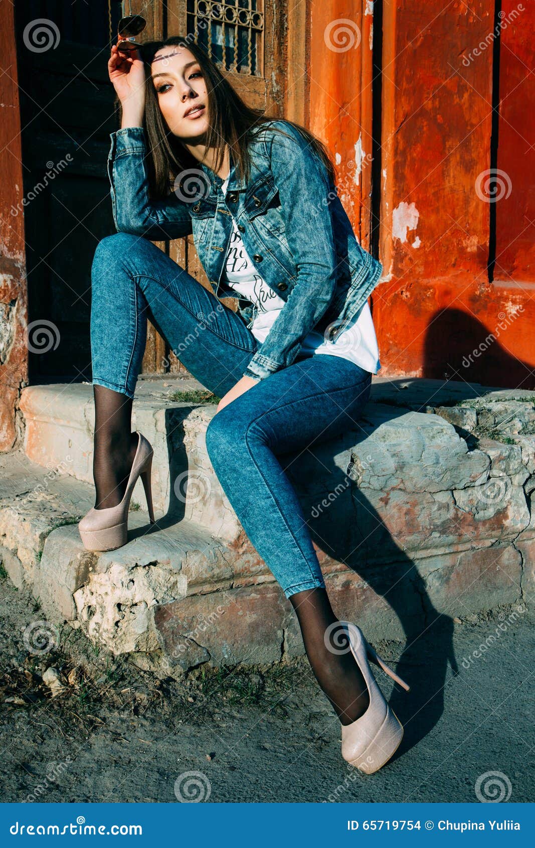 Young Woman Sitting Outdoors. Fashion Portrait. Stock Photo - Image of ...