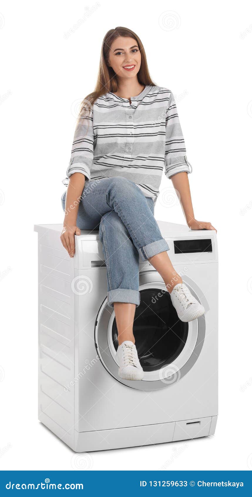 Young Woman Sitting on Washing Machine Stock Image Image of isolated