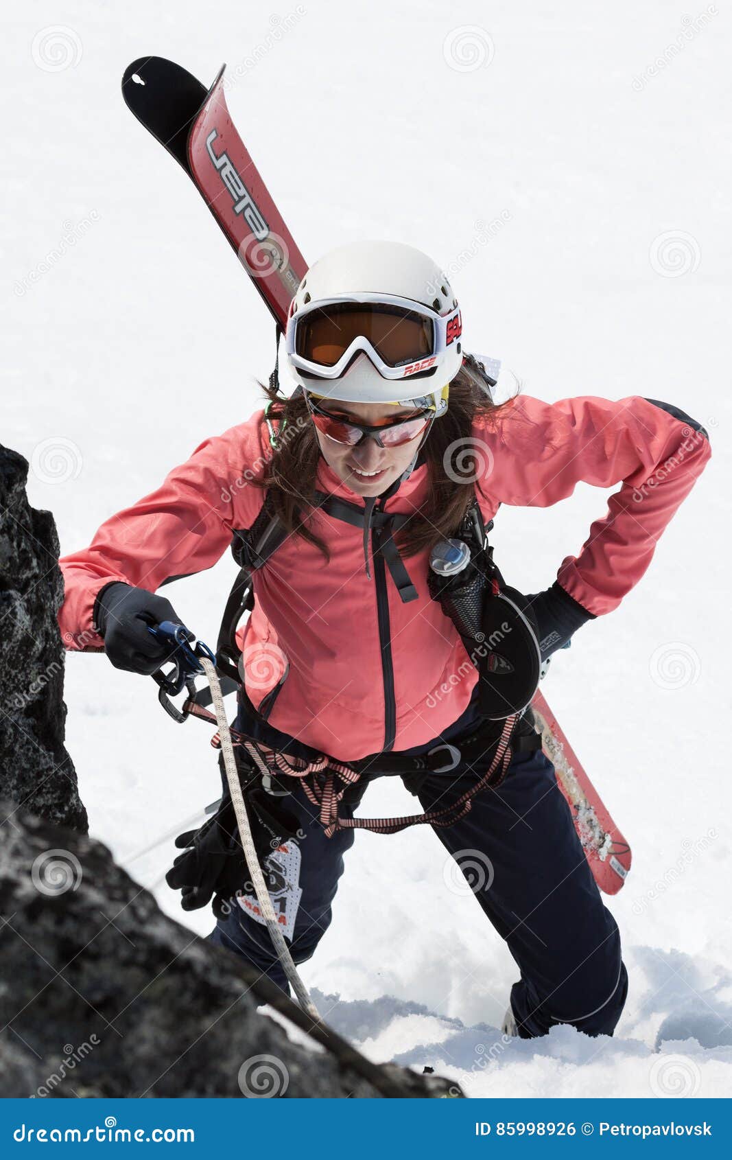 Young Woman Ski Mountaineer Climbing on Rope on Rock Editorial Photo ...