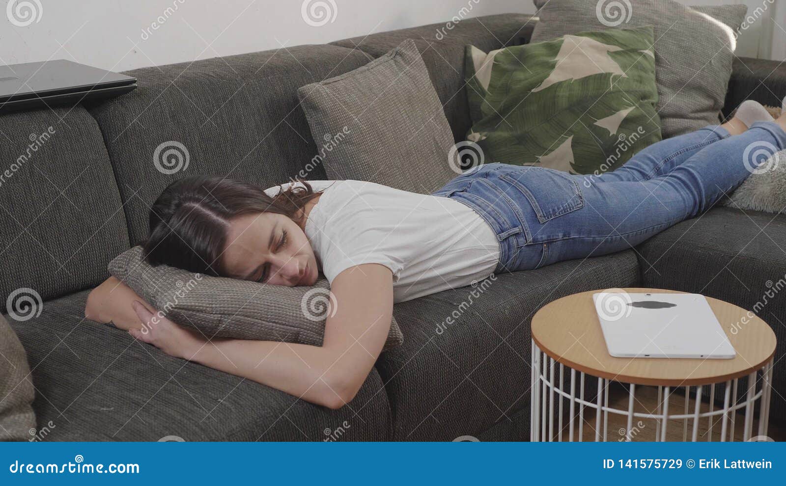 Young Woman Is Sleeping On The Couch Stock Image Image Of Computer