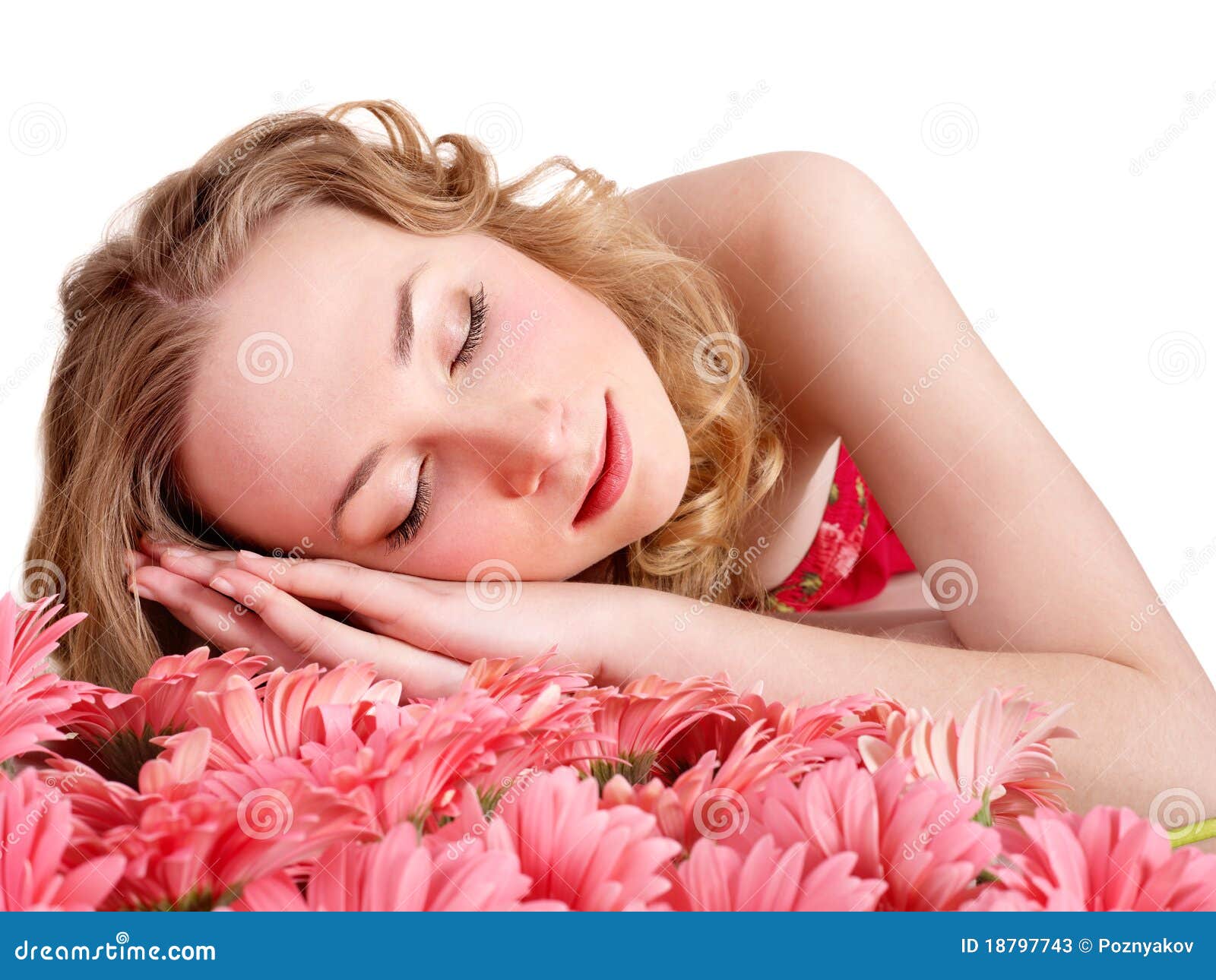 Young Woman Sleeping on Flowers. Stock Image Image of cheerful, eyes