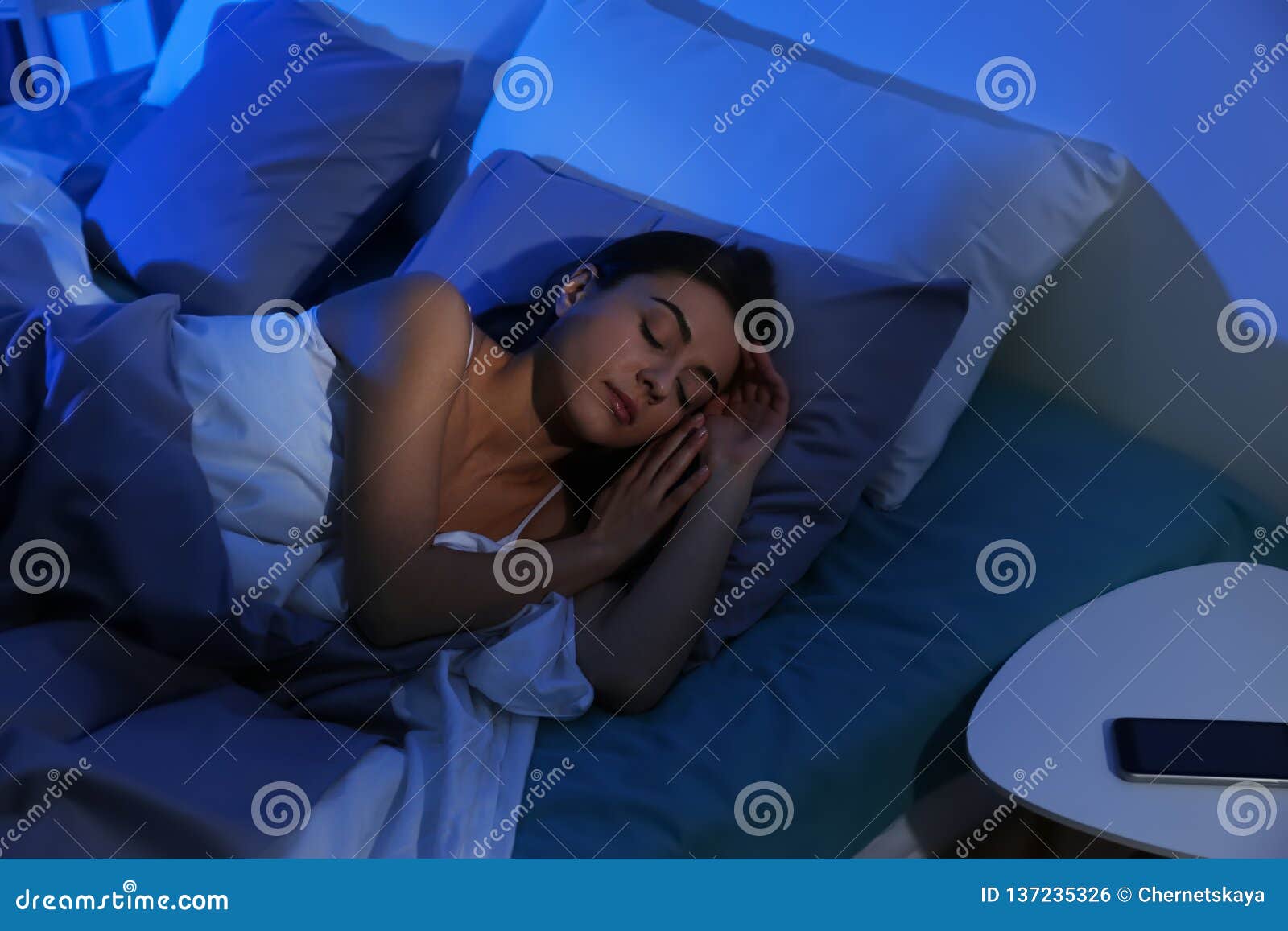 Young Woman Sleeping on Soft Pillow at Night Stock Photo Image of