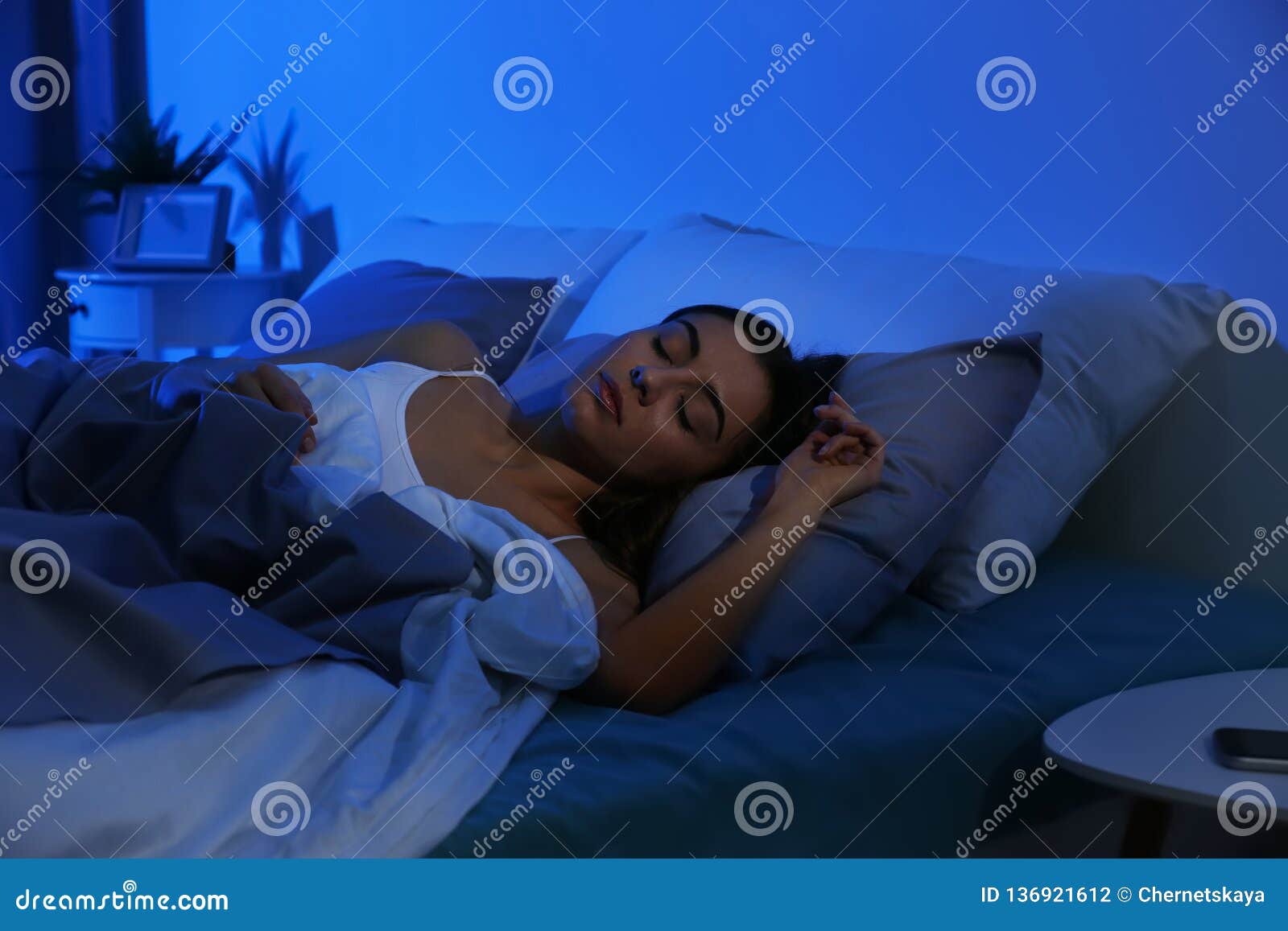Young Woman Sleeping on Soft Pillow at Night Stock Photo Image of