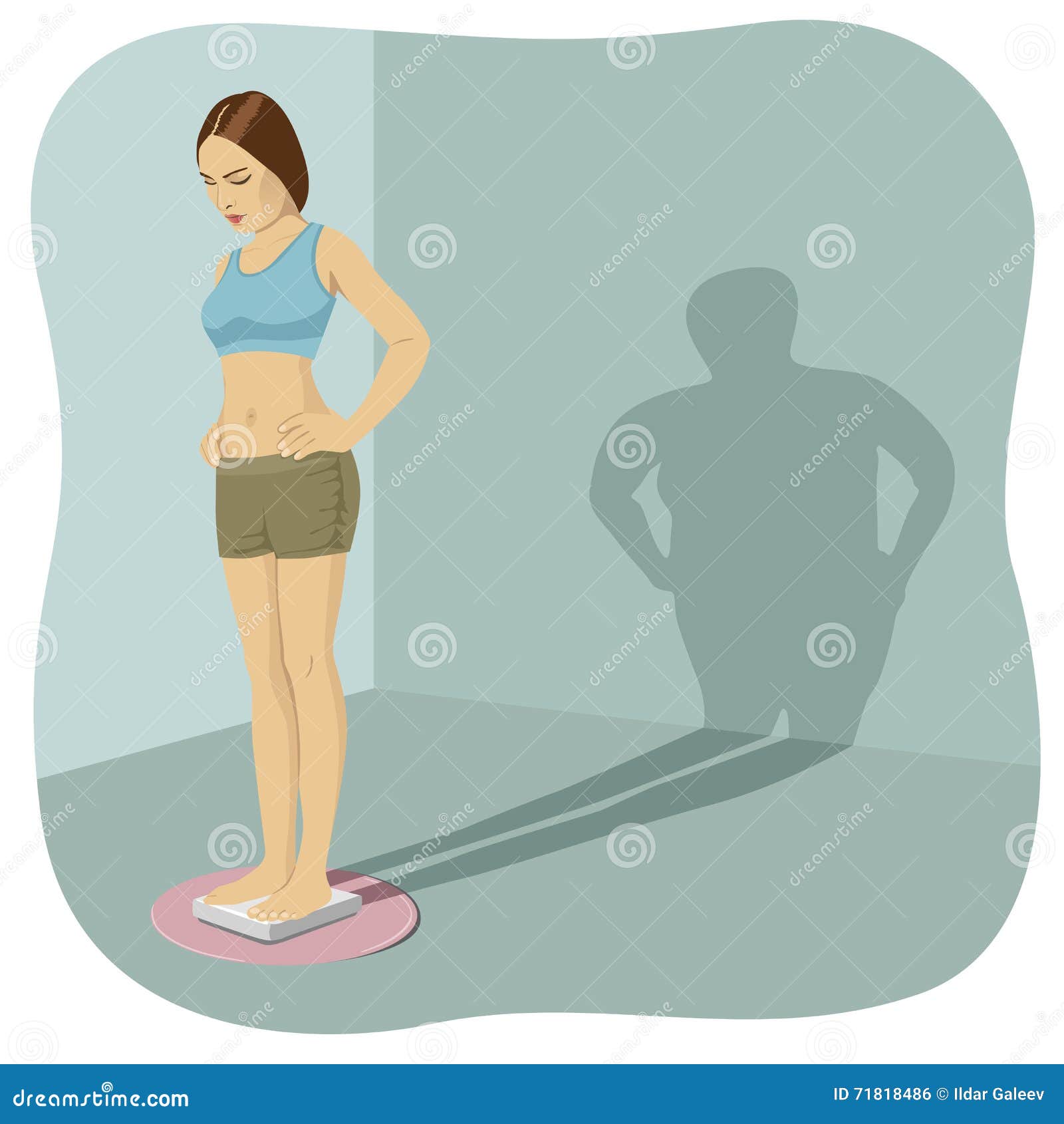 young woman standing on bathroom scale with her shadow shows her distorted body image